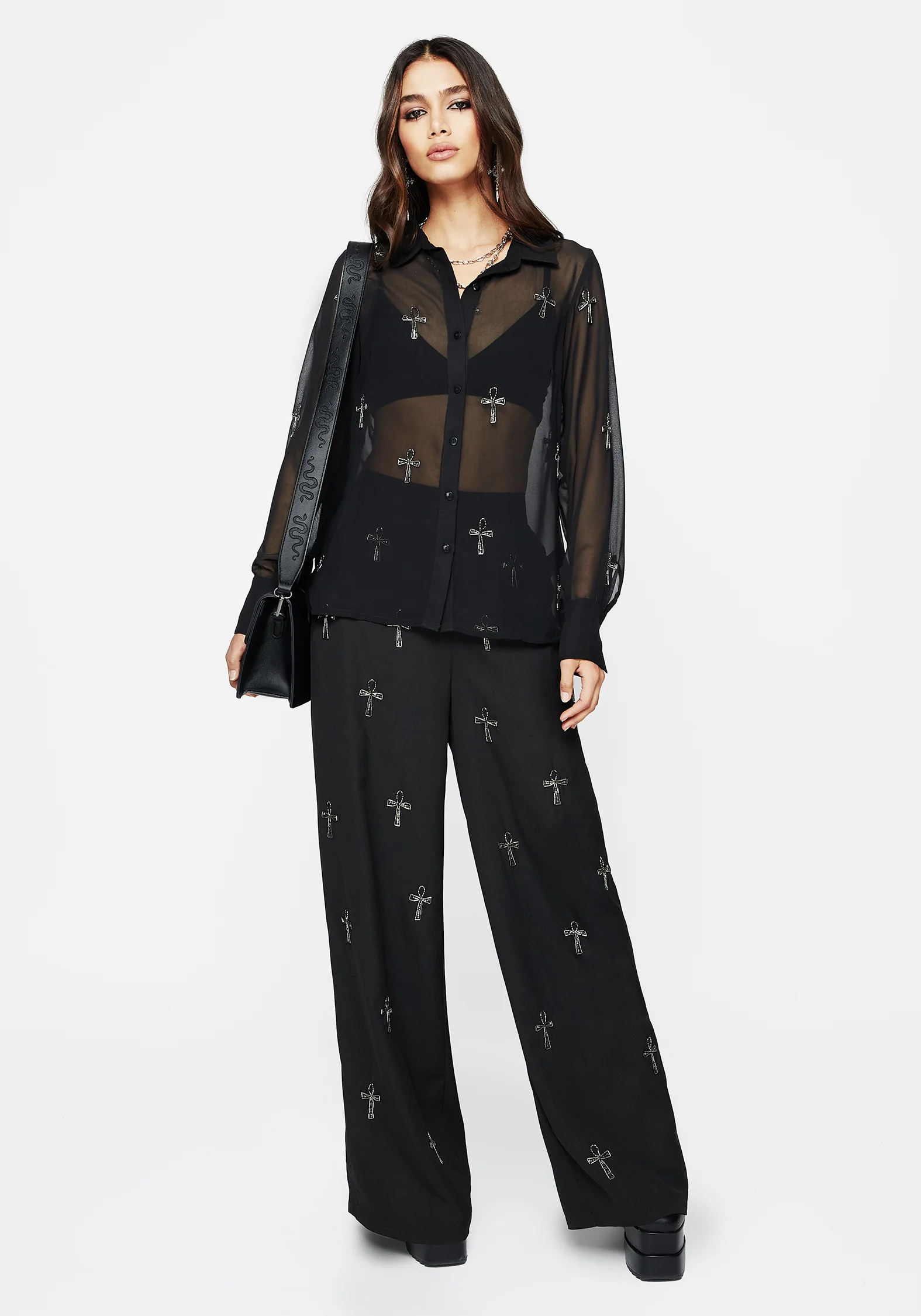 Ankh Beaded Chiffon Wide Leg Trousers - Image 6
