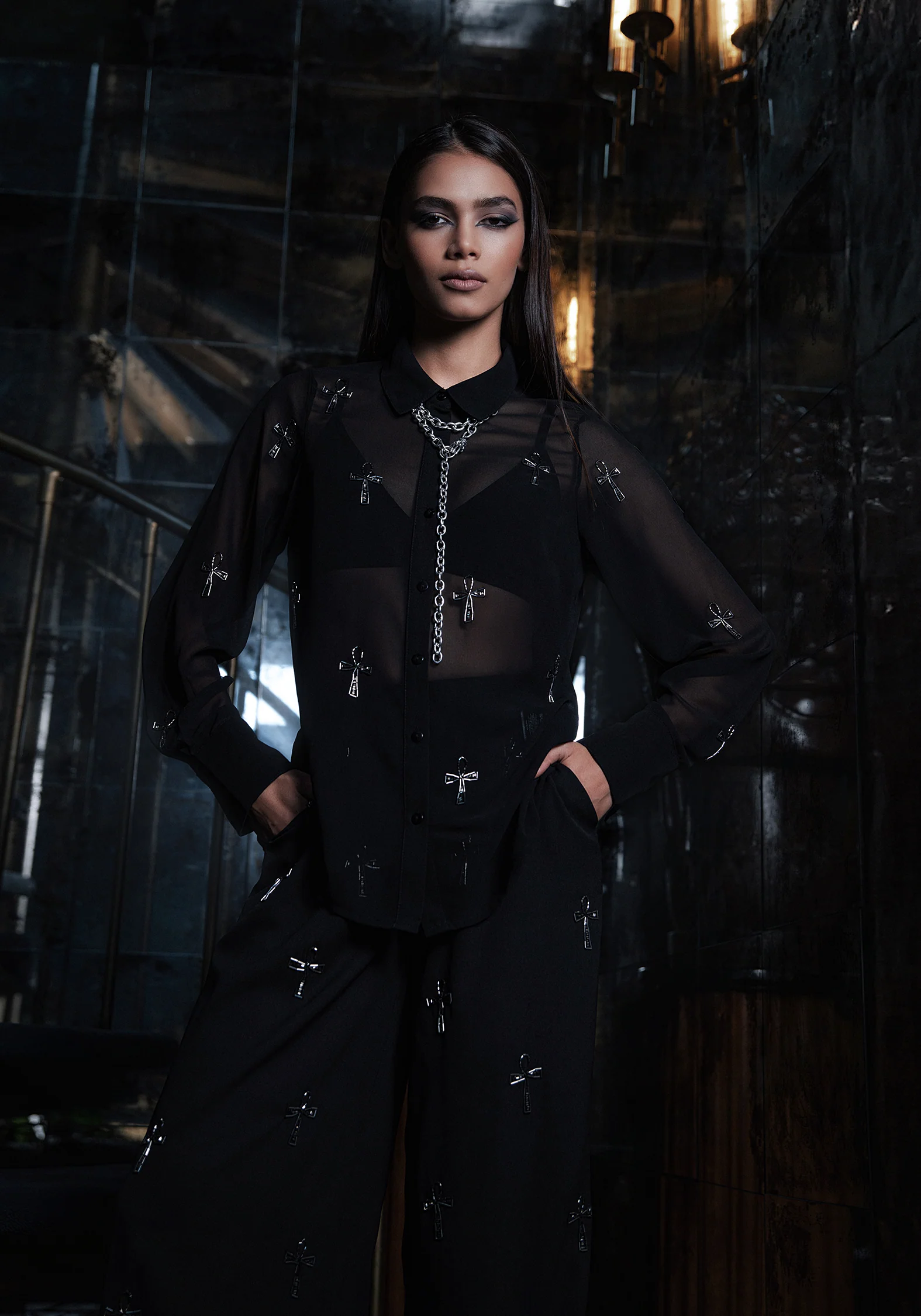 Ankh Beaded Chiffon Wide Leg Trousers - Image 8