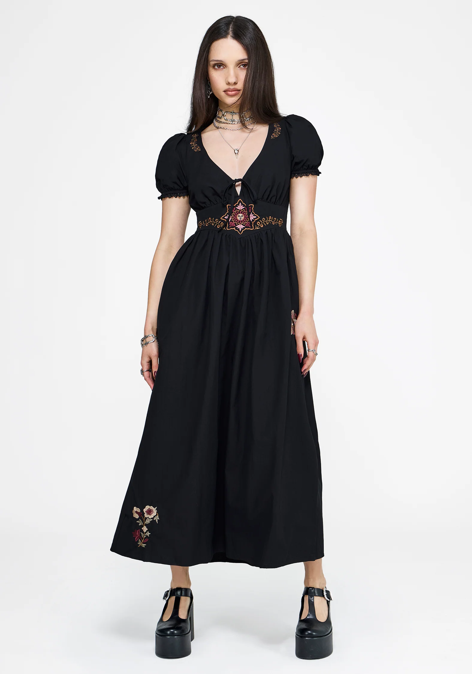 Arianwen Embroidered Puff Sleeve Midaxi Dress - Black