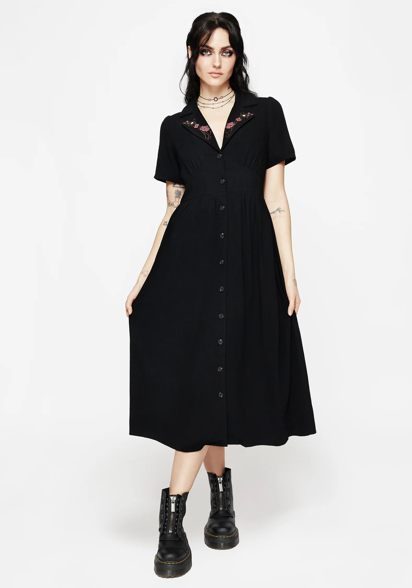 Aster Embroidered Collar Midi Shirt Dress