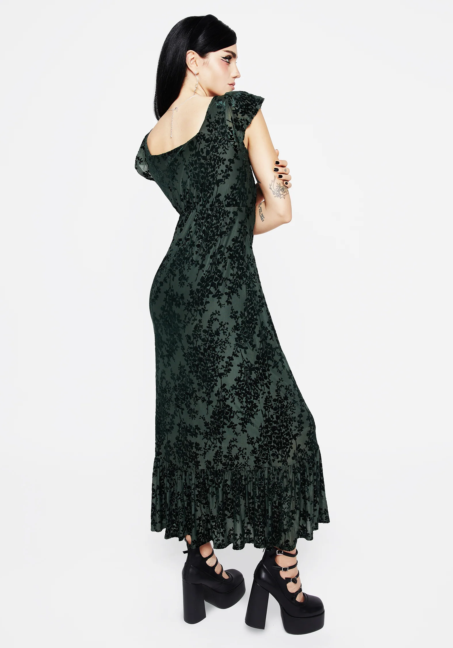Avalon Floral Flocked Velour Frill Sleeve Midaxi Dress - Image 3