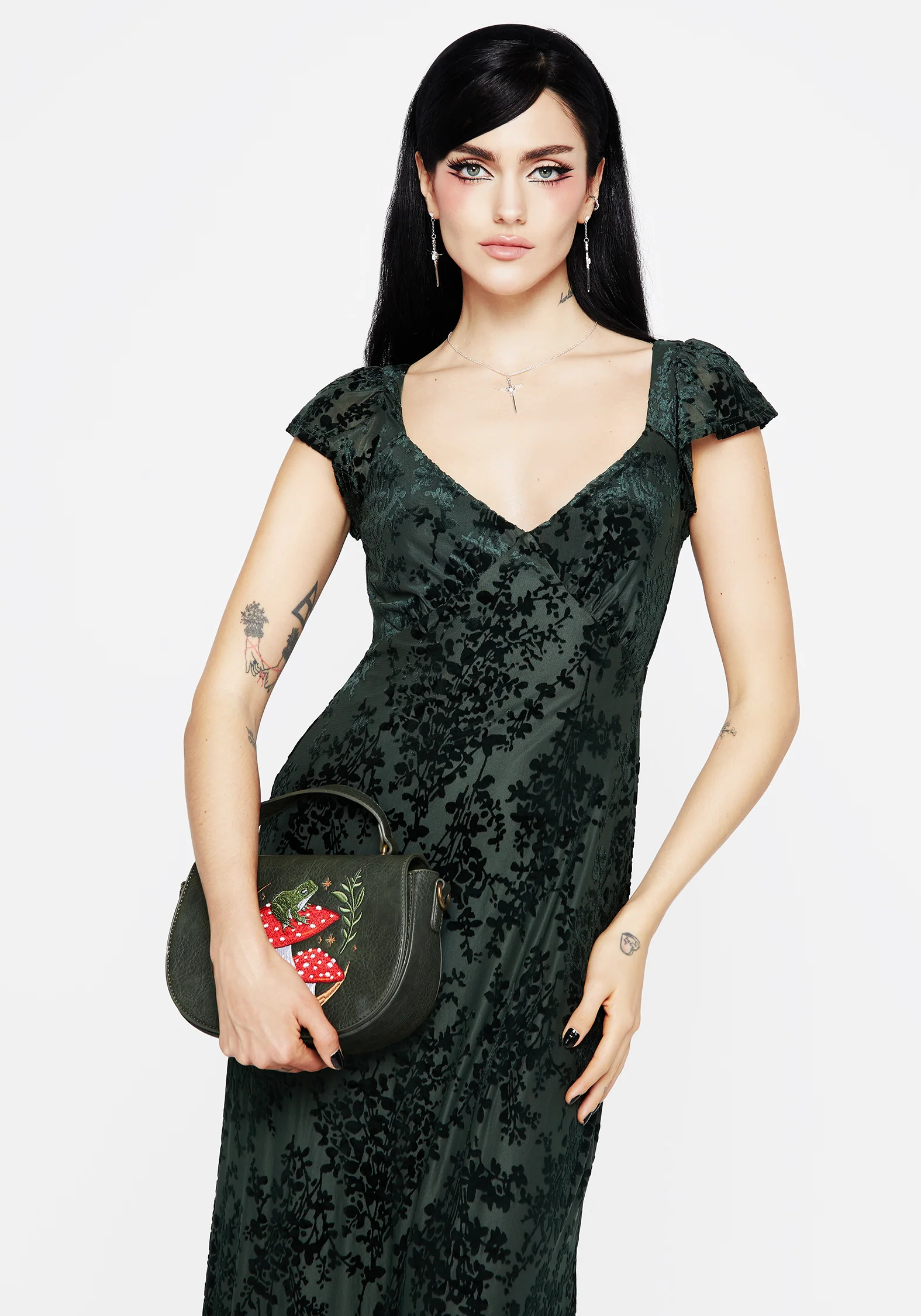 Avalon Floral Flocked Velour Frill Sleeve Midaxi Dress - Image 4