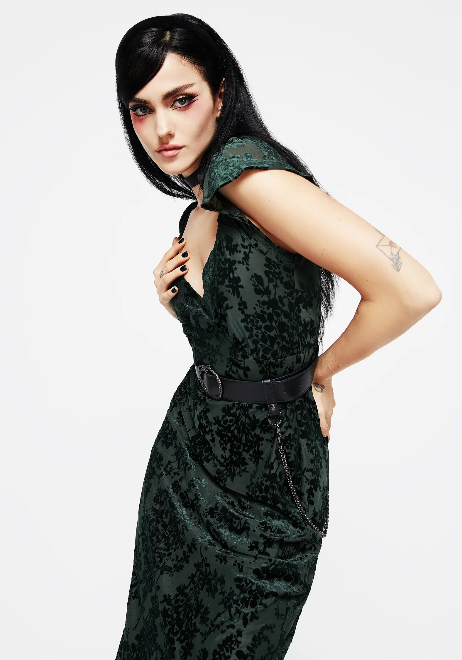 Avalon Floral Flocked Velour Frill Sleeve Midaxi Dress - Image 6