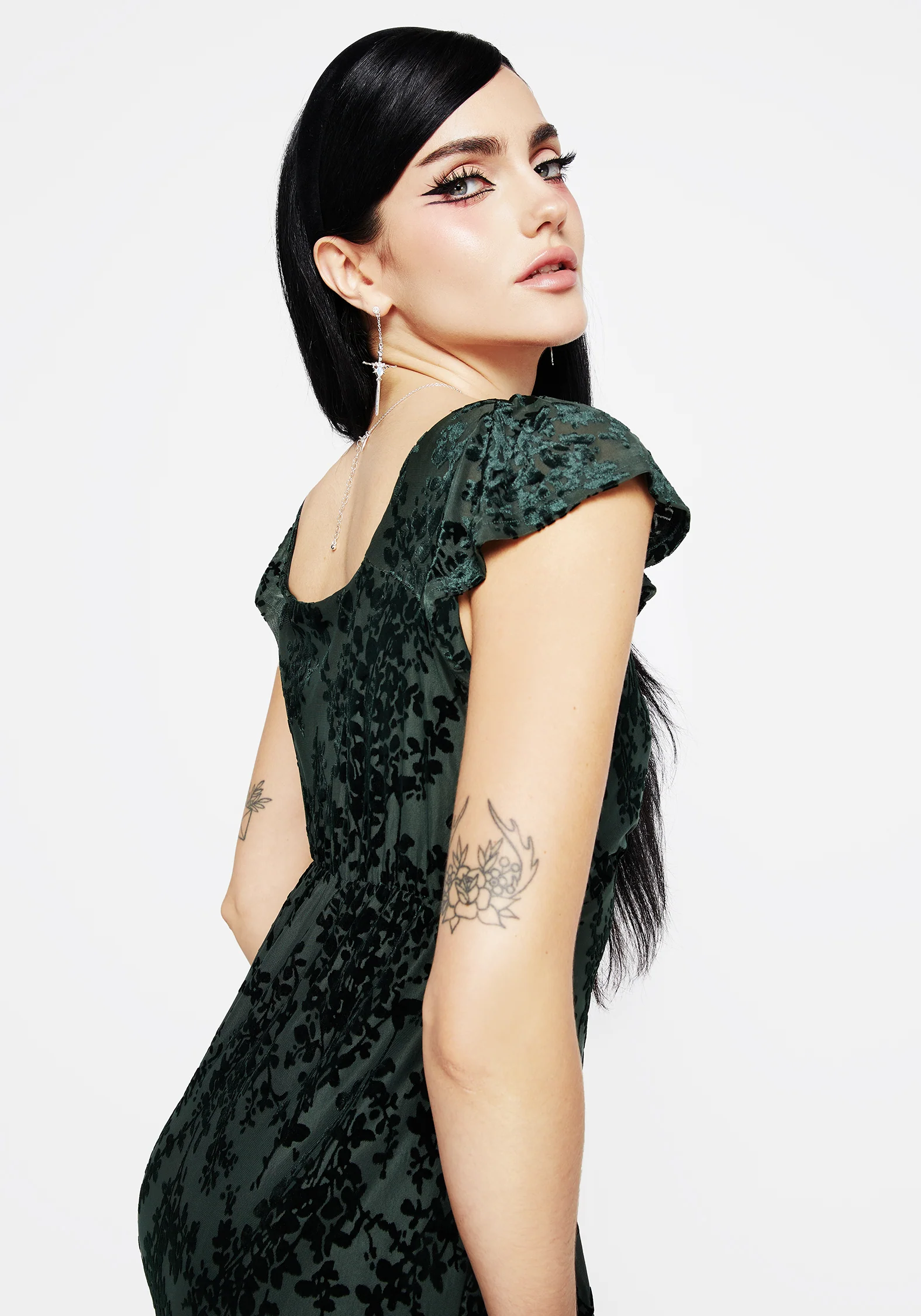 Avalon Floral Flocked Velour Frill Sleeve Midaxi Dress - Image 7