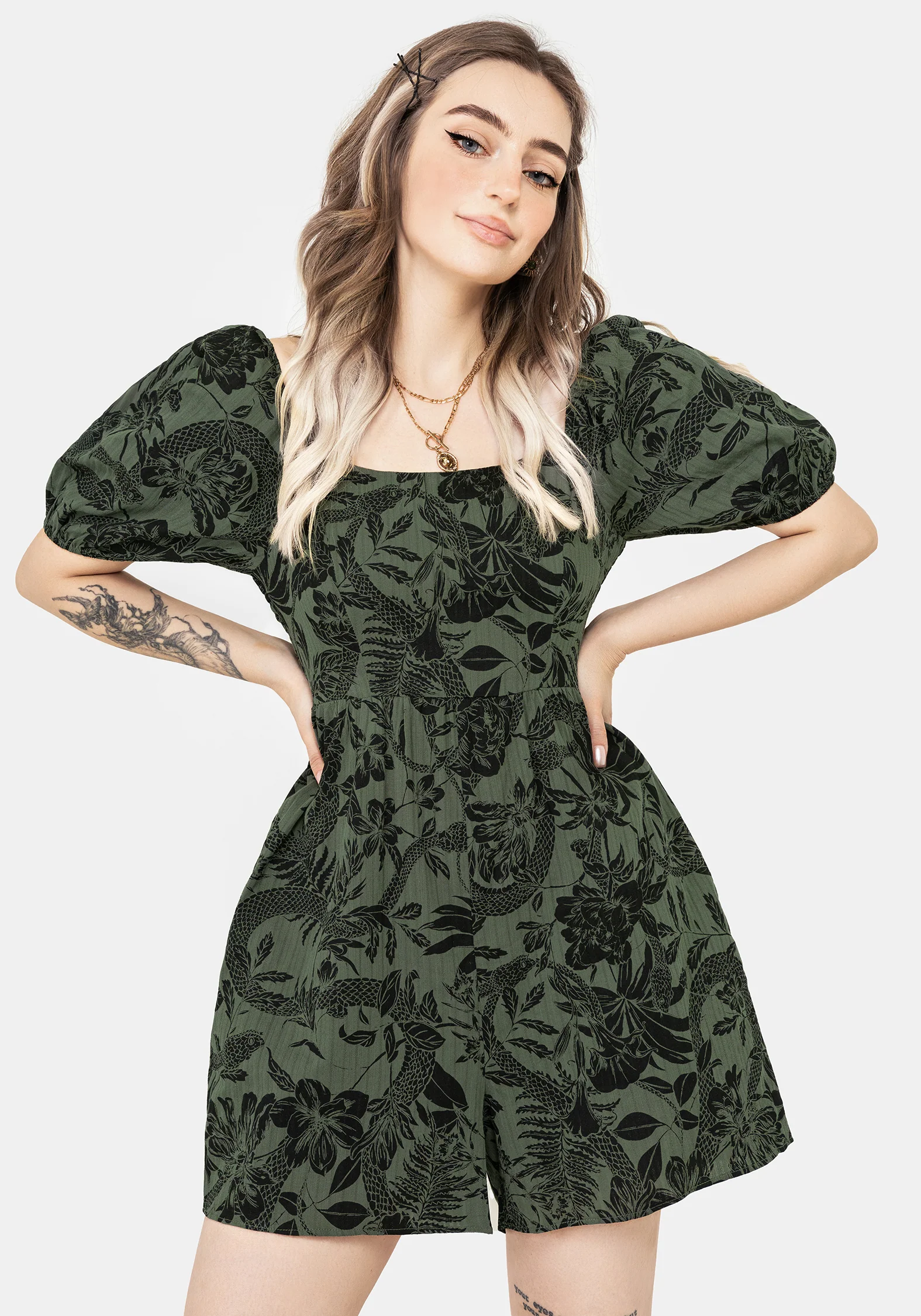 Bashe Cotton Puff Sleeve Playsuit - Green - Image 5