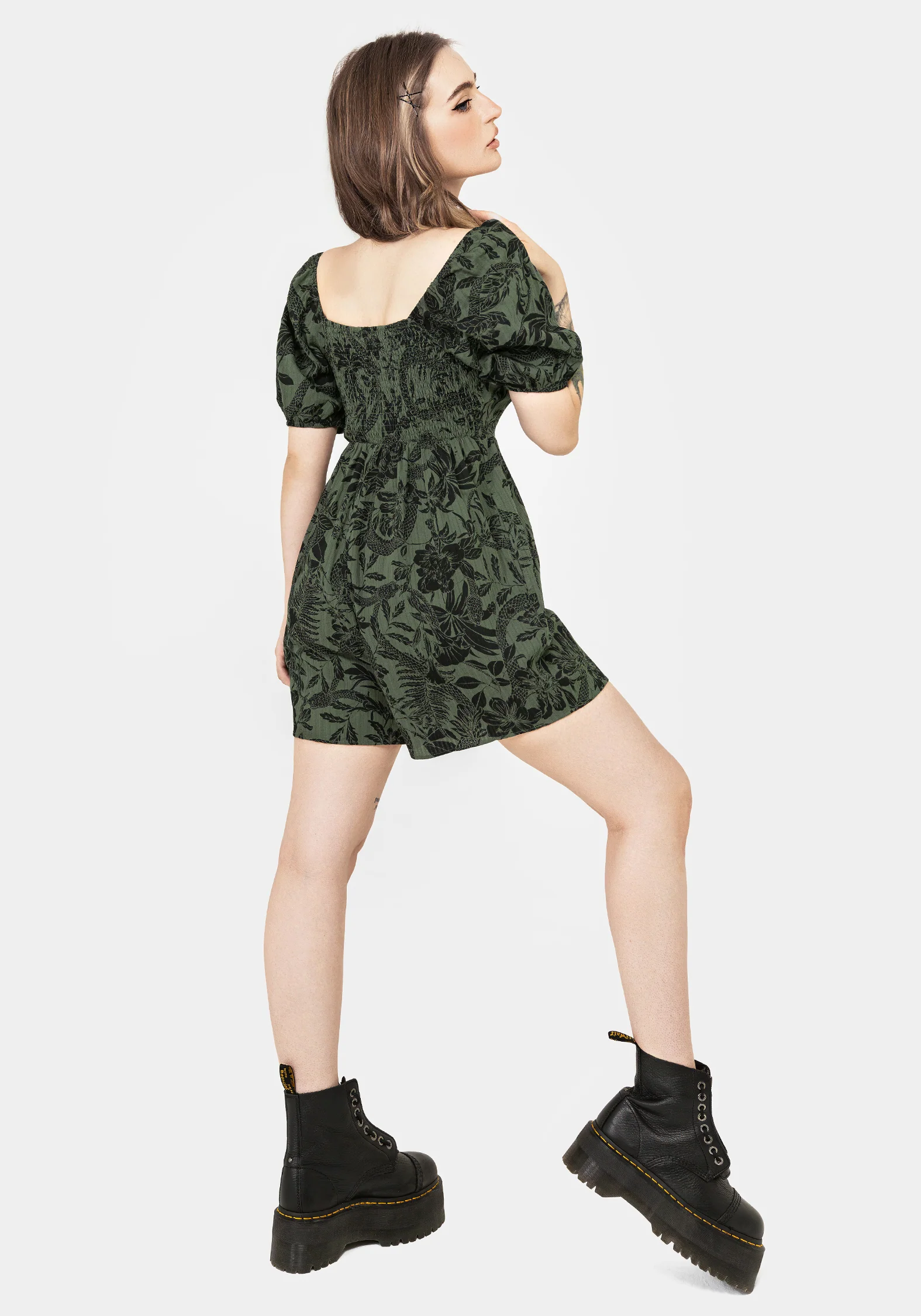 Bashe Cotton Puff Sleeve Playsuit - Green - Image 6