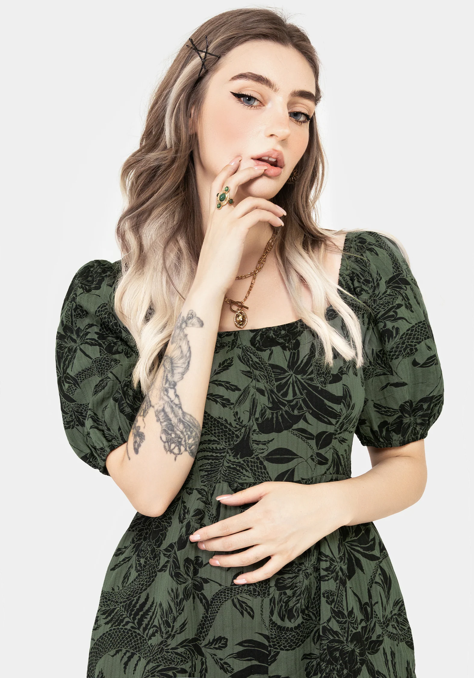 Bashe Cotton Puff Sleeve Playsuit - Green - Image 7