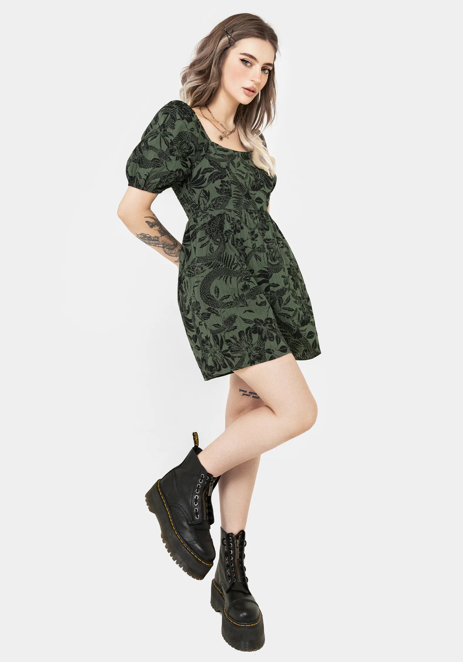 Bashe Cotton Puff Sleeve Playsuit - Green - Image 8