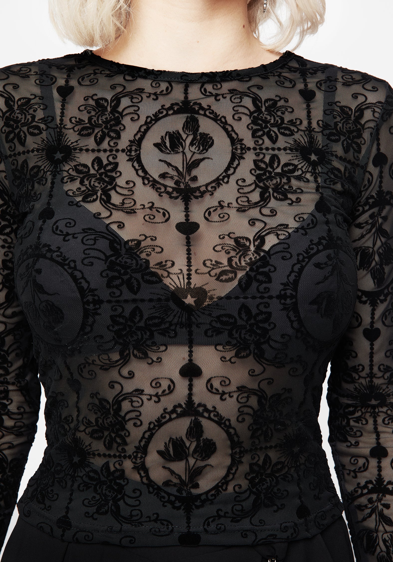 Cameo Floral Flocked Mesh Long Sleeve Top - Image 2