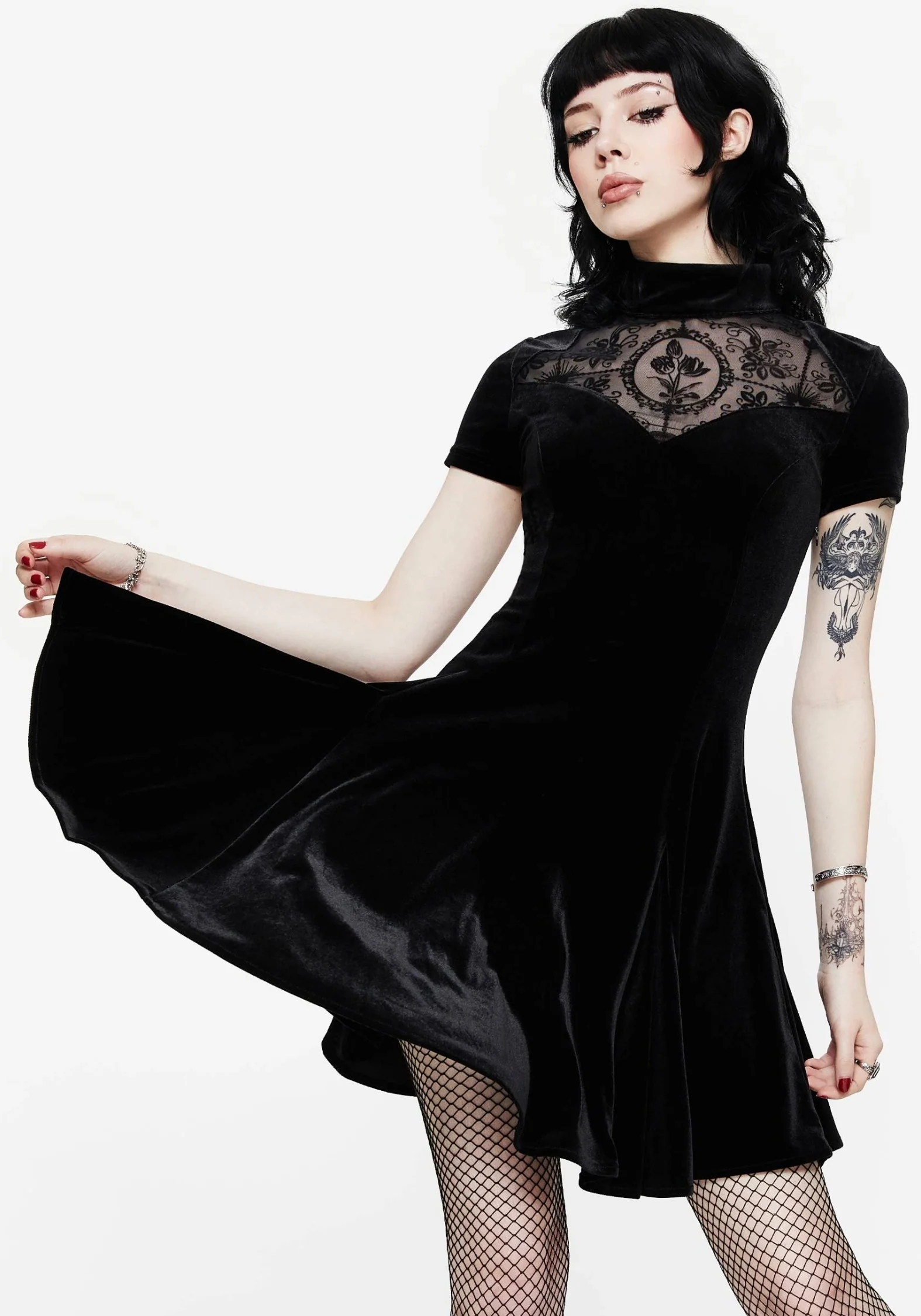 Cameo High Neck Flocked Mesh Insert Skater Mini Dress