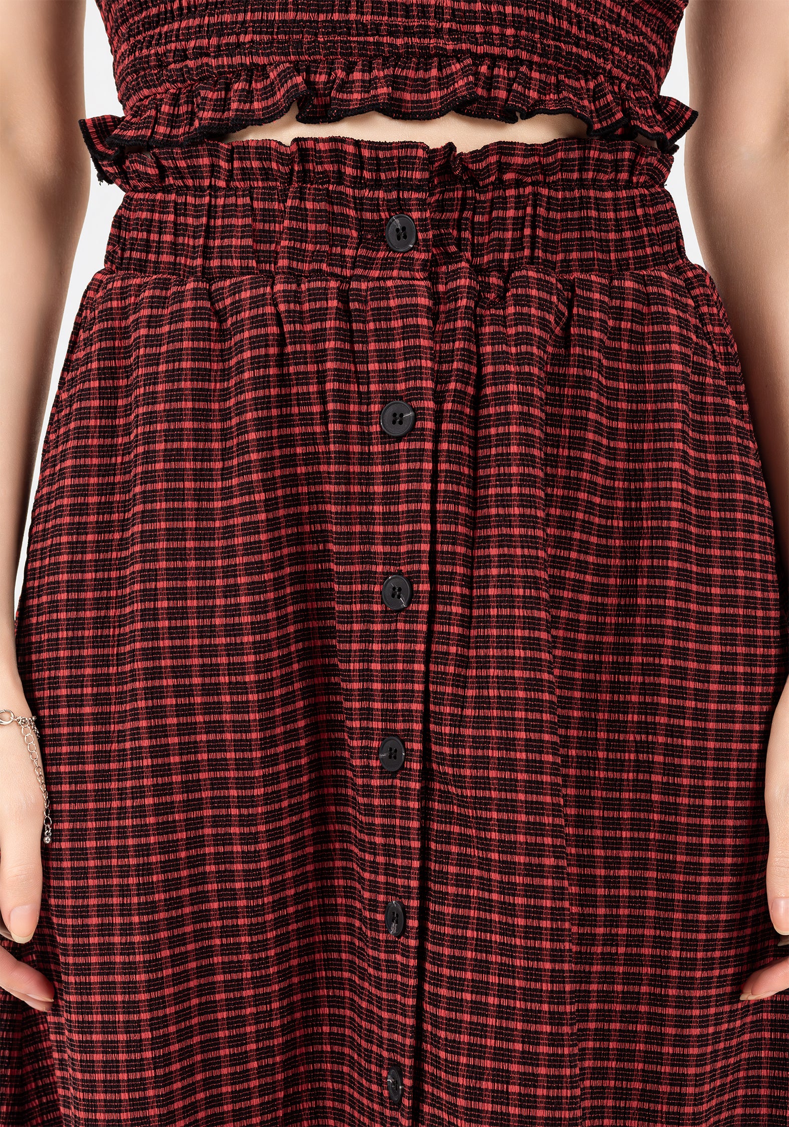 Carmine Textured Check Button Up Midaxi Skirt - Image 2