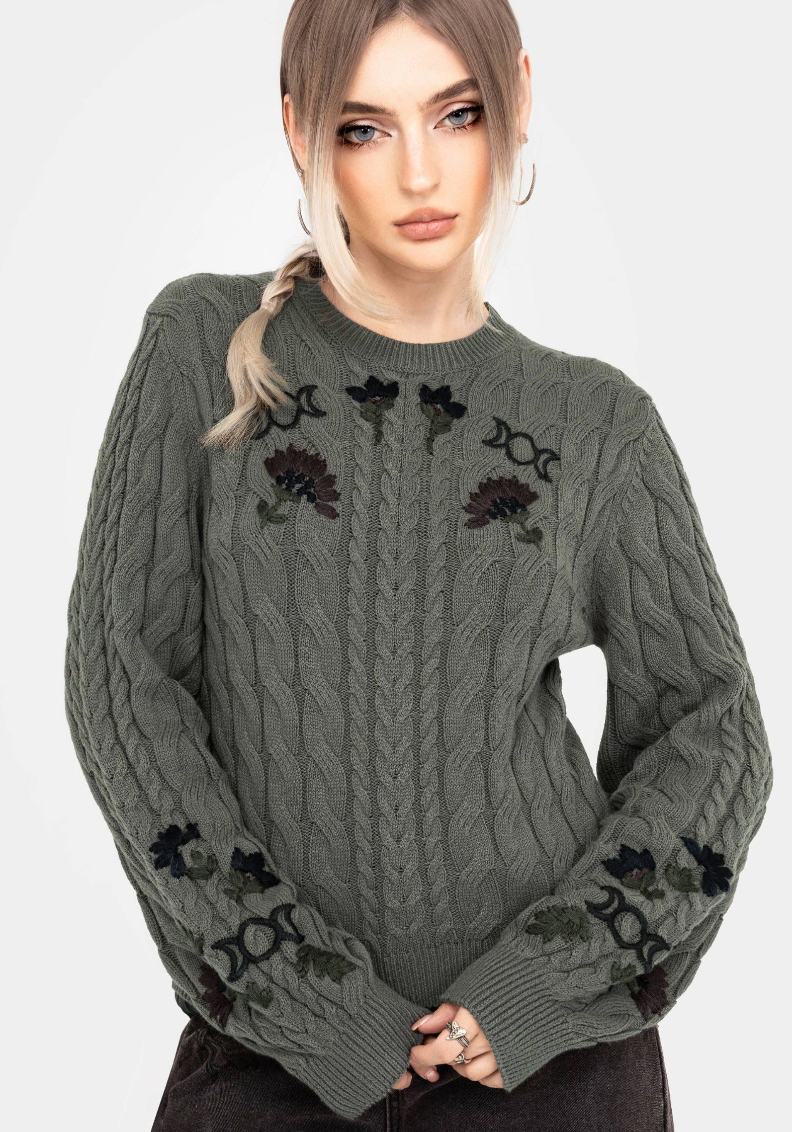 Clara Cotton Floral Embroidered Cable Knit Sweater - Image 4