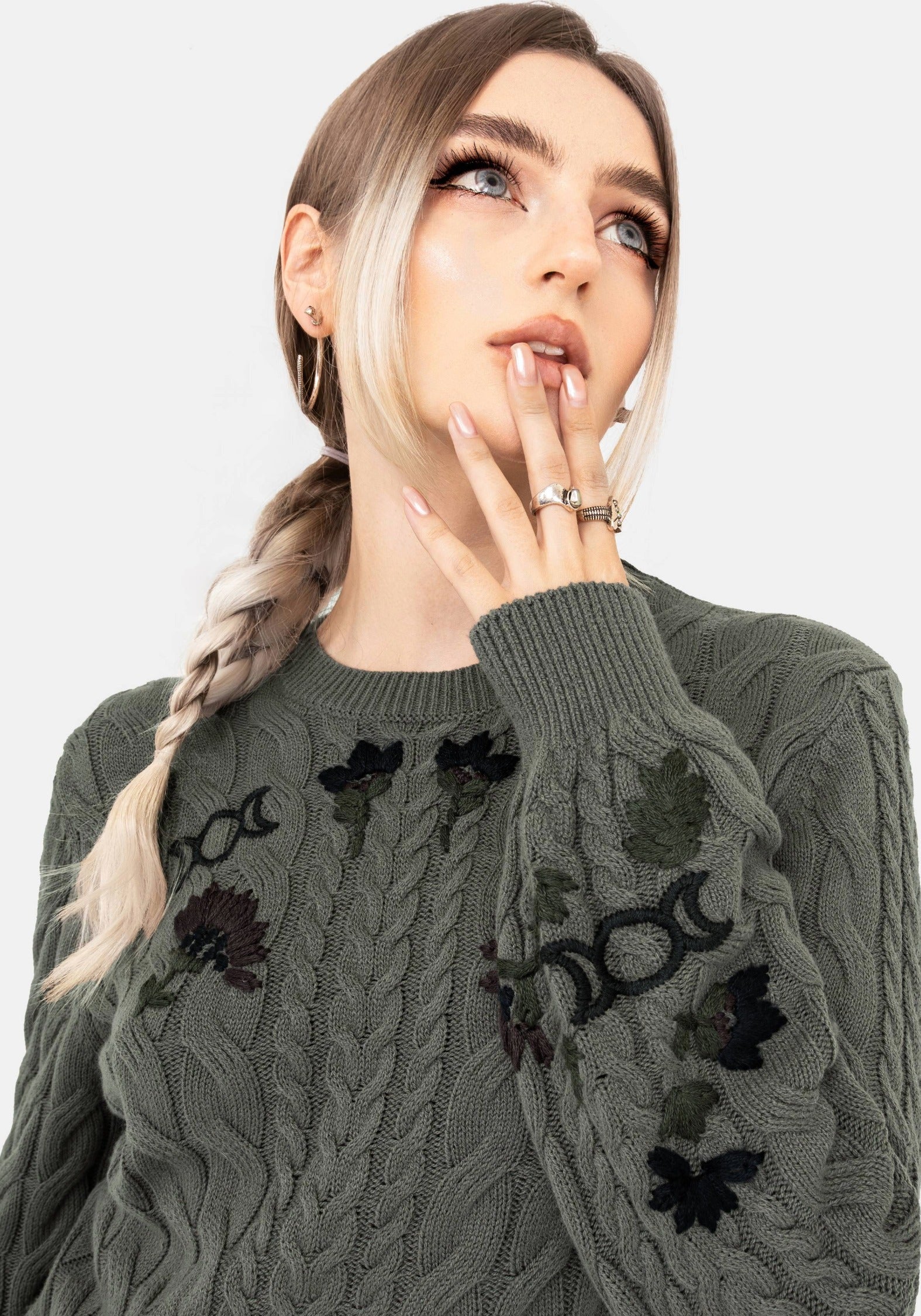 Clara Cotton Floral Embroidered Cable Knit Sweater - Image 6