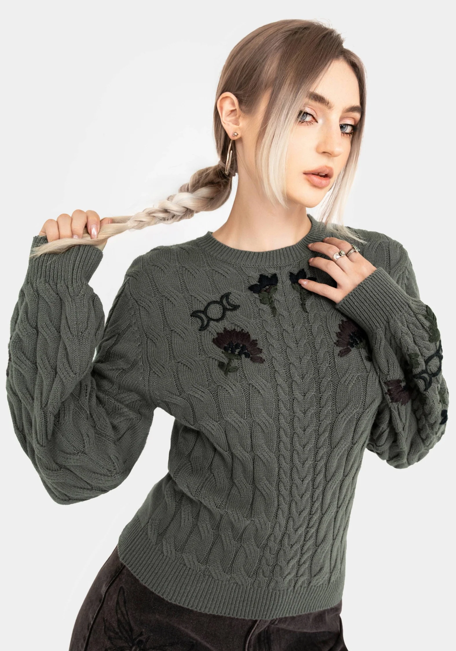 Clara Cotton Floral Embroidered Cable Knit Sweater - Image 7