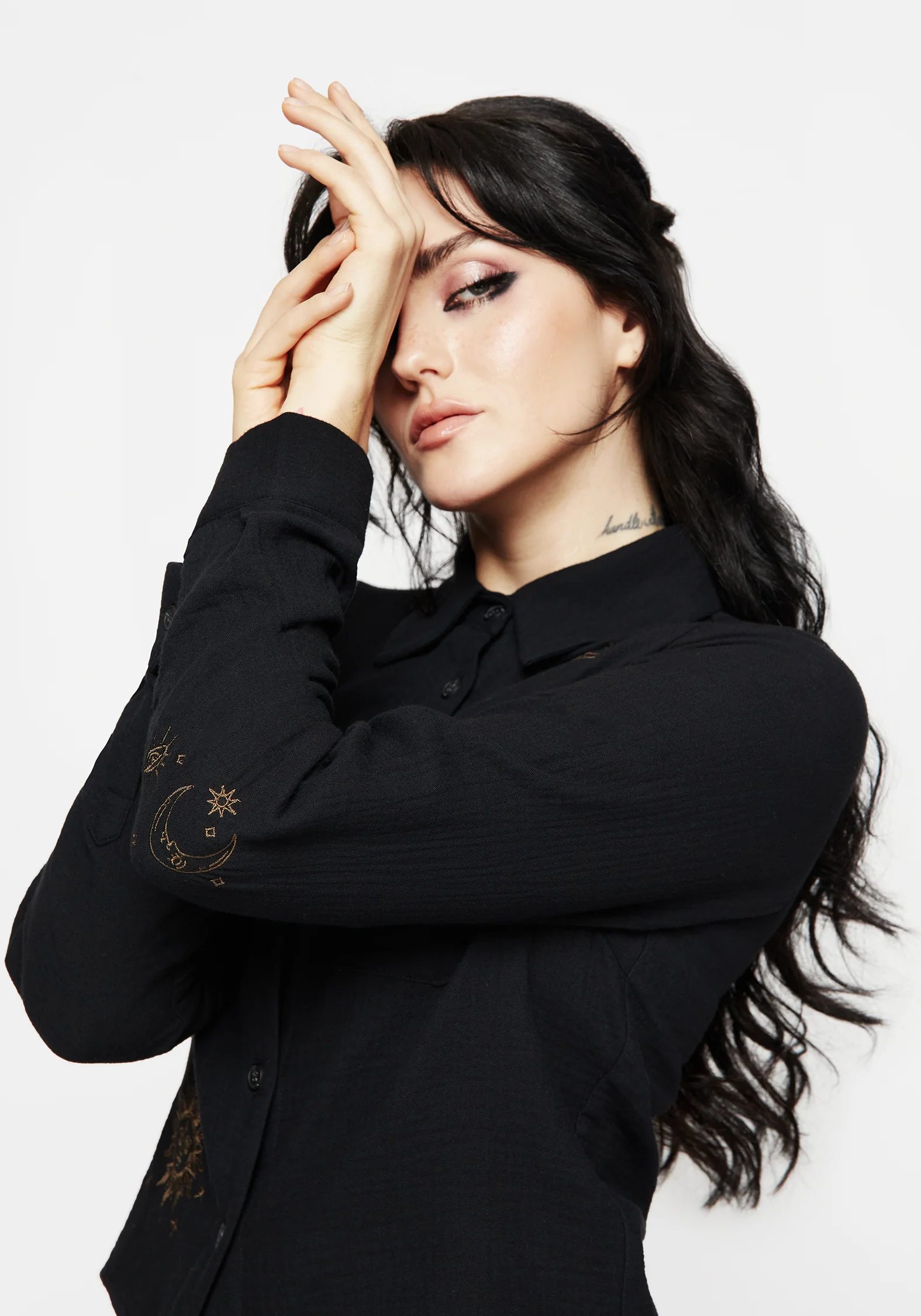 Cosmos Embroidered Button Up Crop Shirt - Image 6