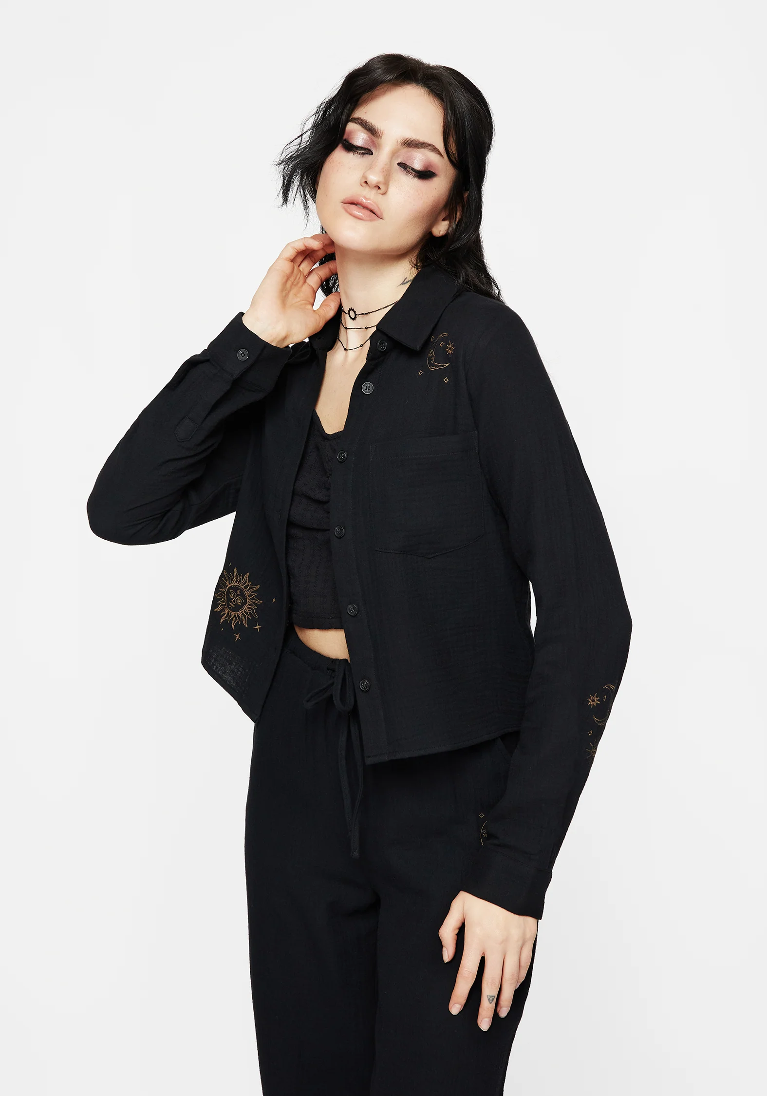 Cosmos Embroidered Button Up Crop Shirt - Image 7