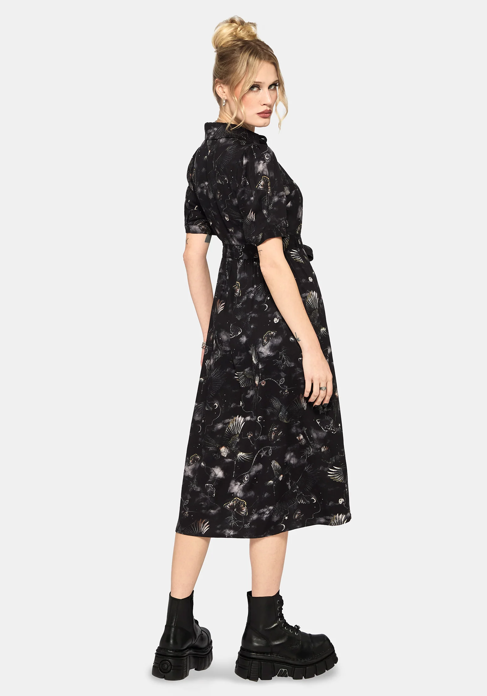 Crimson Magpie and Moth Print Midi Shirt Dress - Image 3