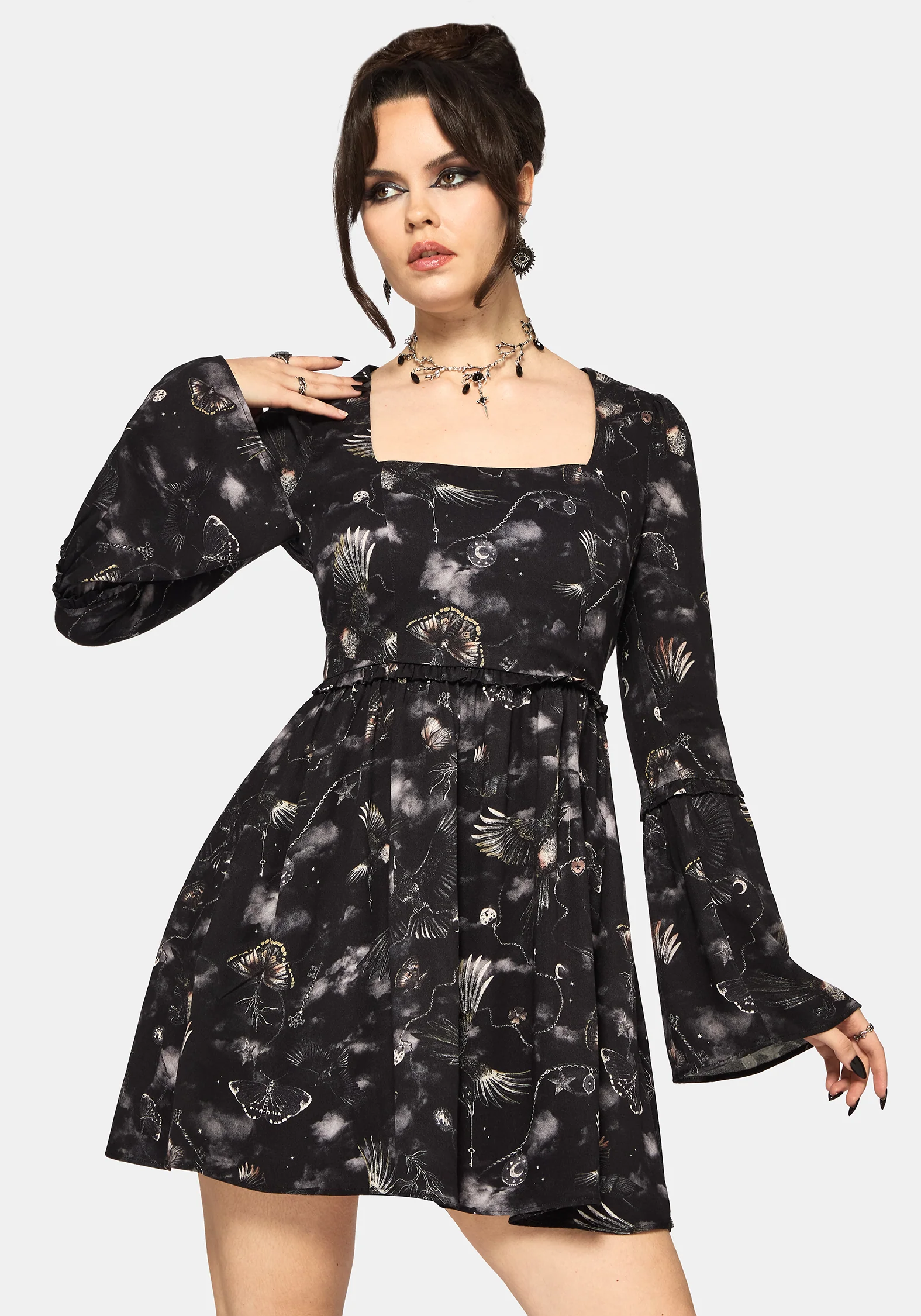 Crimson Magpie and Moth Print Mini Ruffle Dress