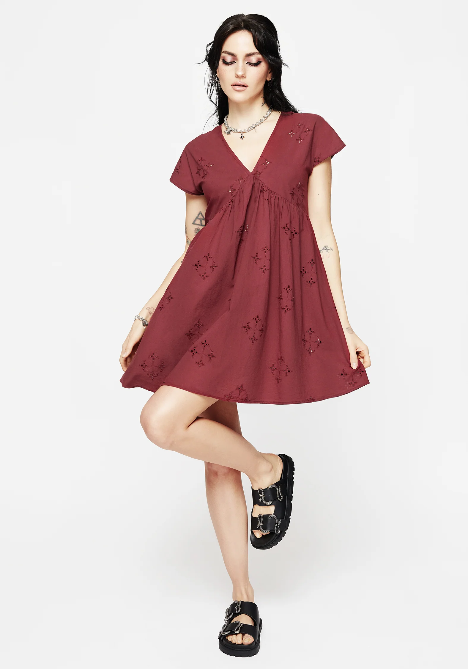 Crux Broderie Cotton Smock Mini Dress - Red - Image 4