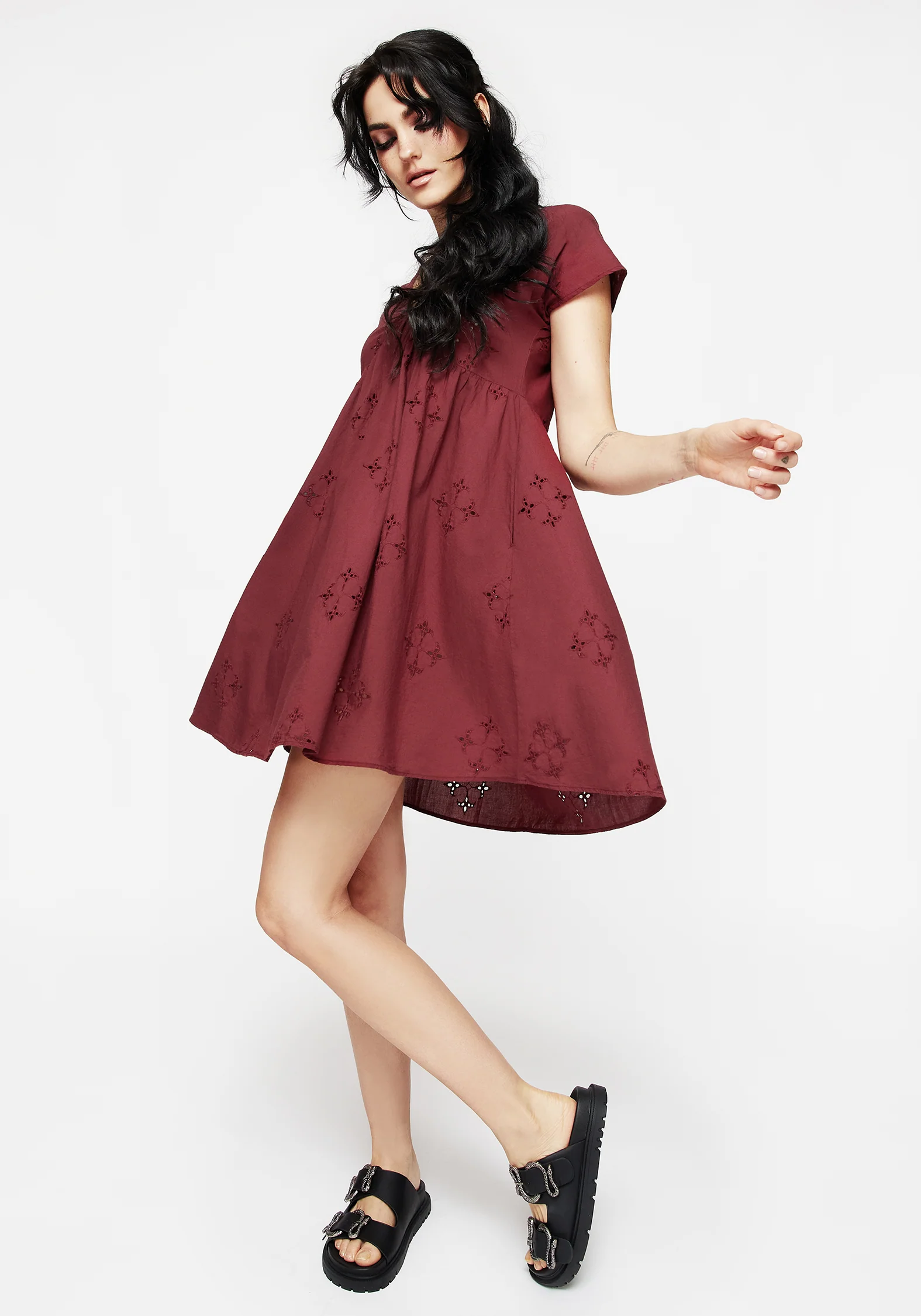 Crux Broderie Cotton Smock Mini Dress - Red - Image 6