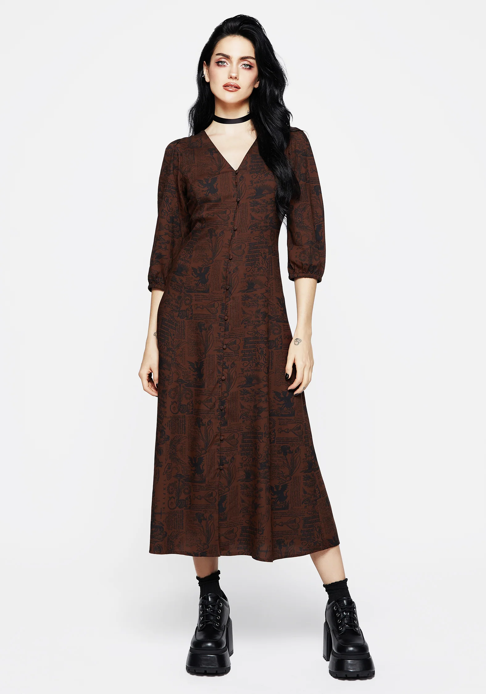 Daemonologie Woodcut Print Button Up Midaxi Dress - Image 4