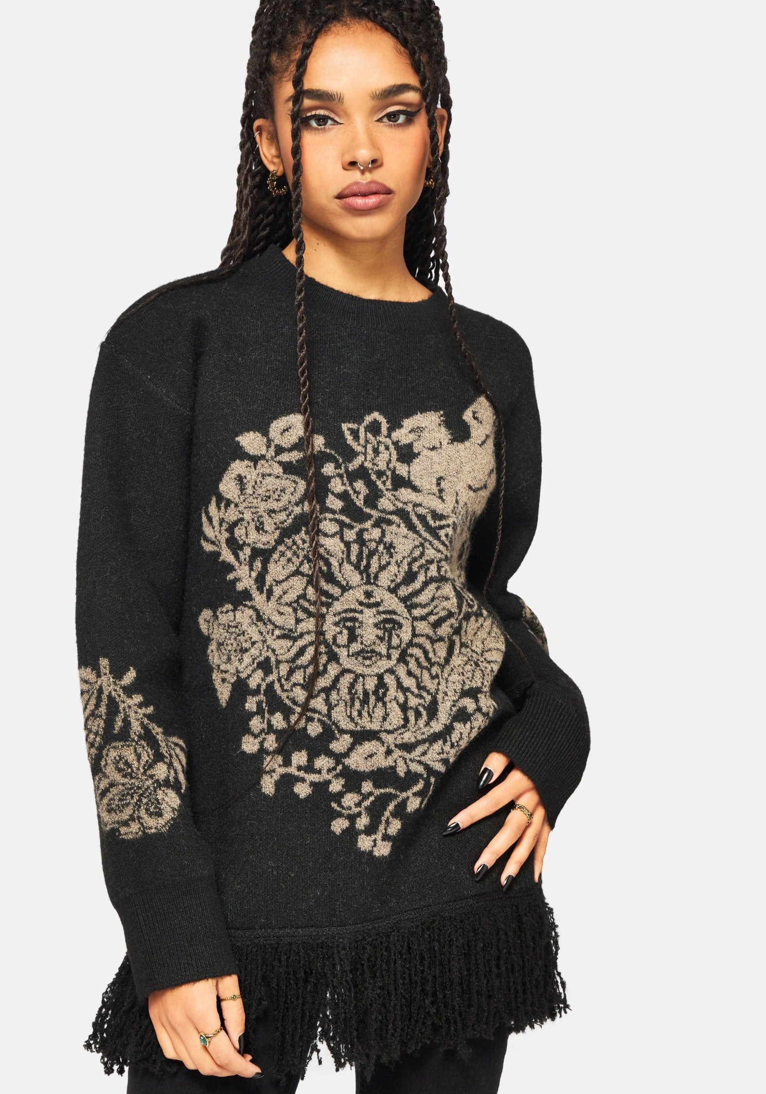 Dia Fringe Hem Jacquard Knit Sweater