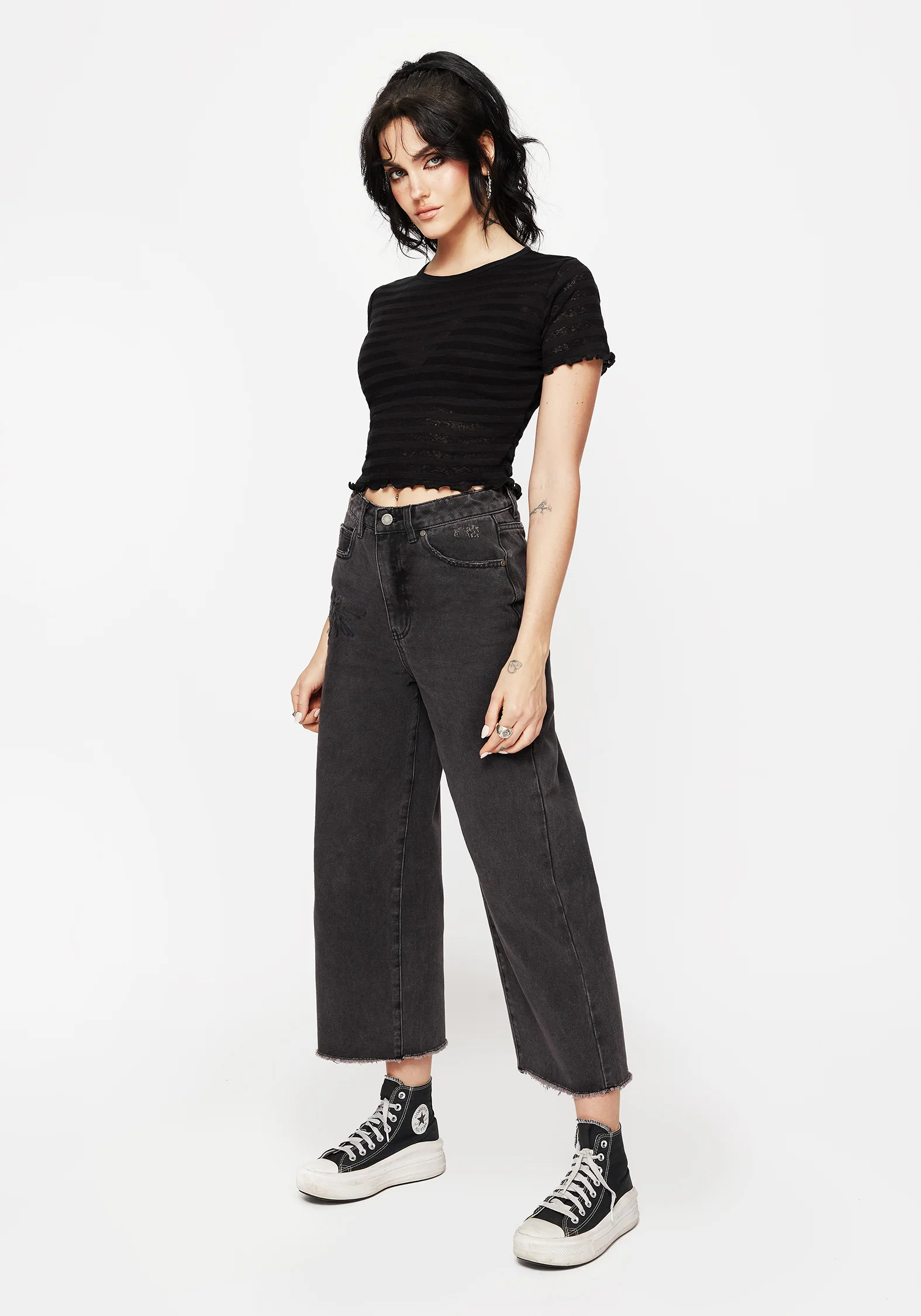 Dragonfly Embroidered Wide Leg Denim Culotte Jeans - Image 4