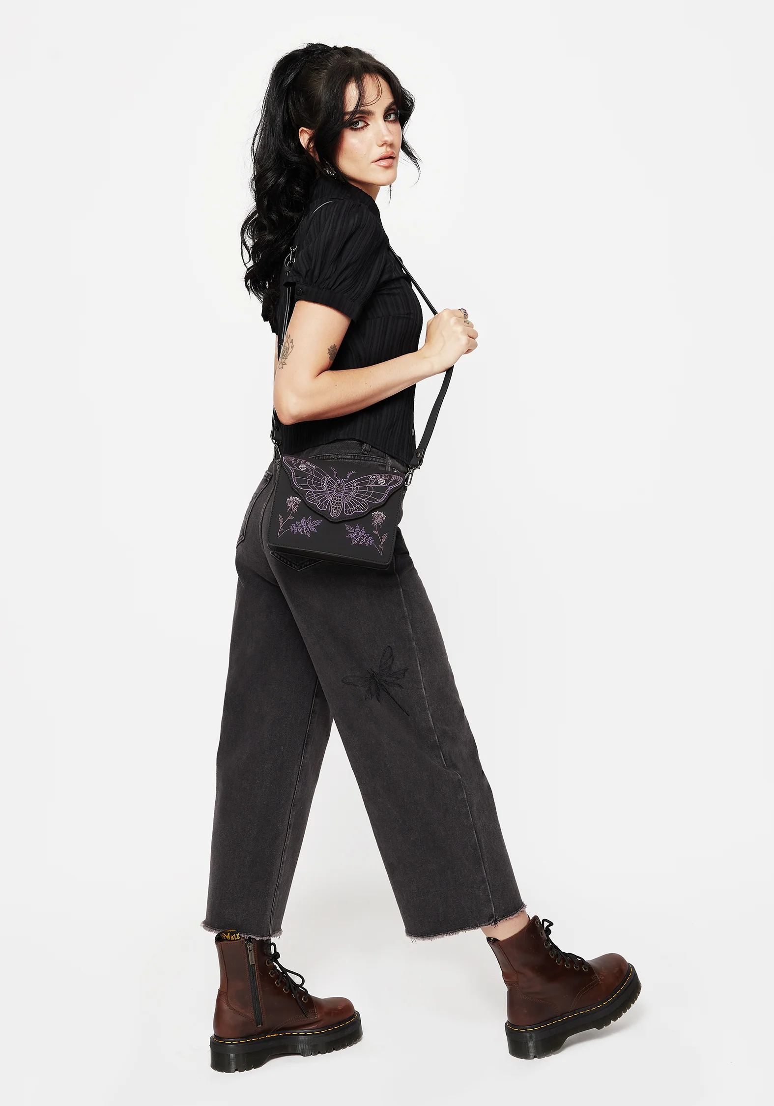 Dragonfly Embroidered Wide Leg Denim Culotte Jeans - Image 7