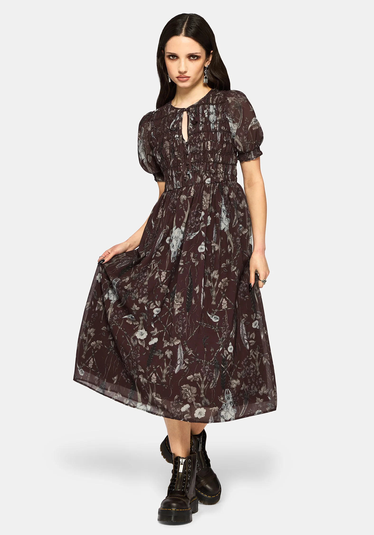 Dusha Garden Print Chiffon Shirred Button Down Midi Dress - Image 5