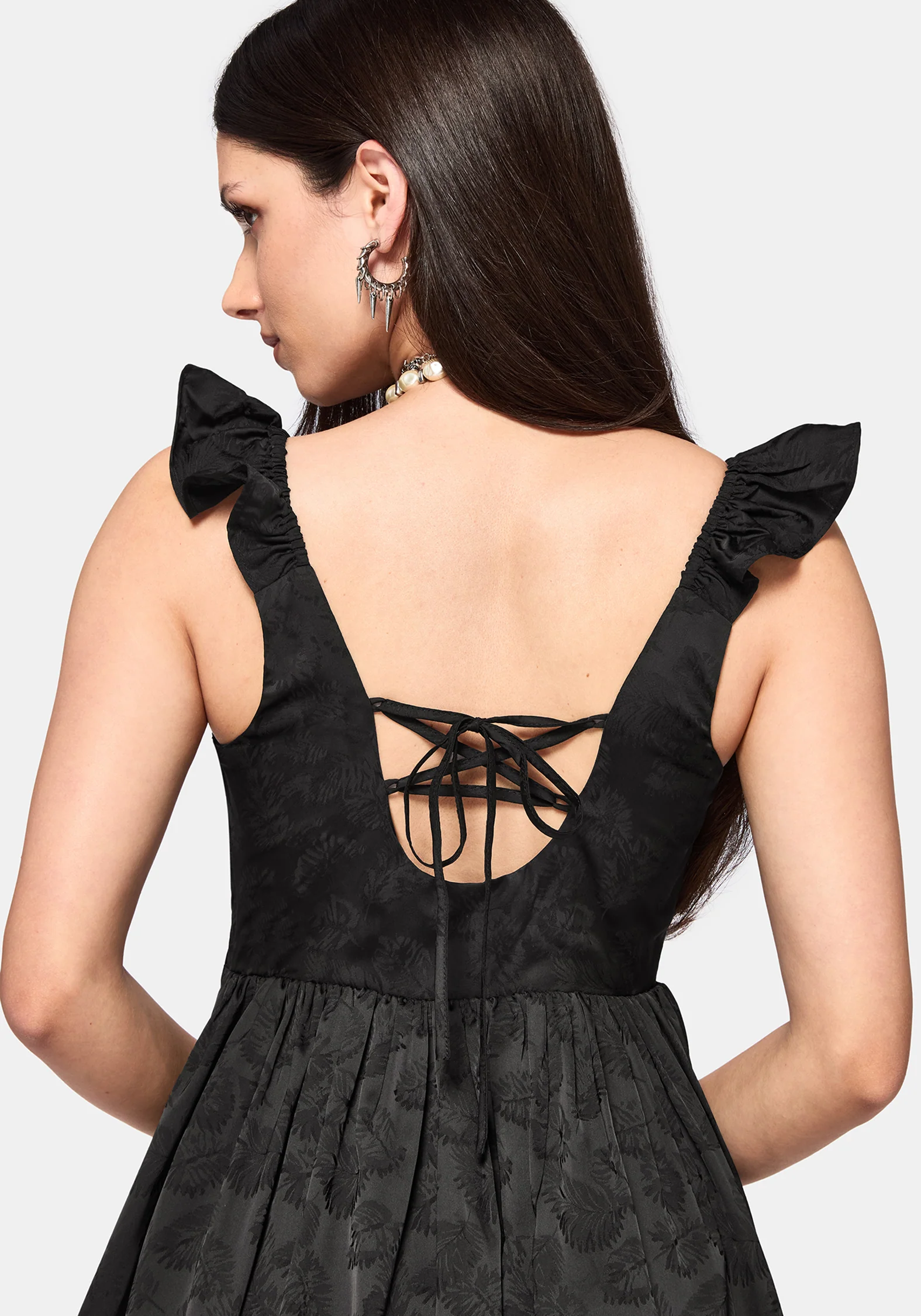 Elaria Jacquard Tie Back Tiered Babydoll Mini Dress - Image 2