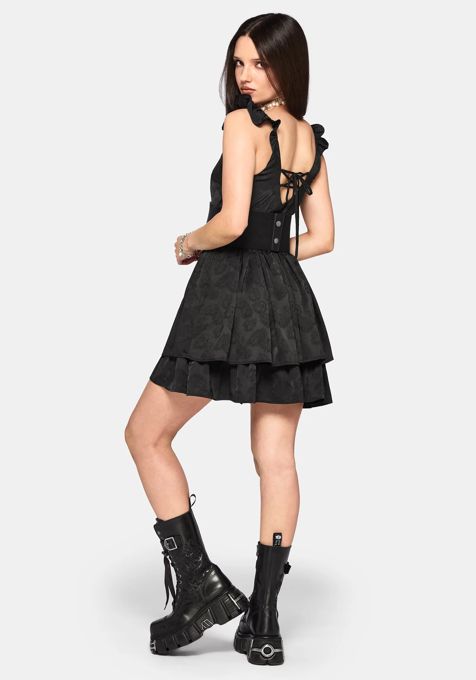 Elaria Jacquard Tie Back Tiered Babydoll Mini Dress - Image 4