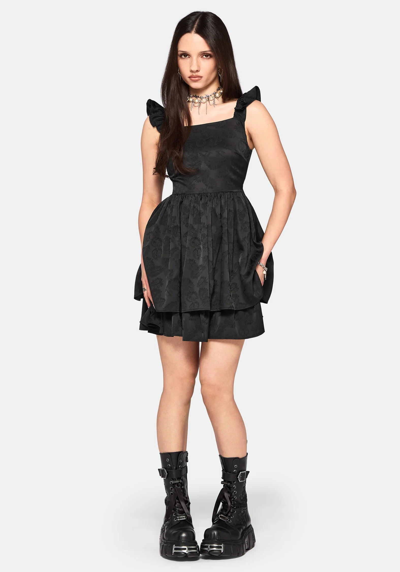 Elaria Jacquard Tie Back Tiered Babydoll Mini Dress - Image 5