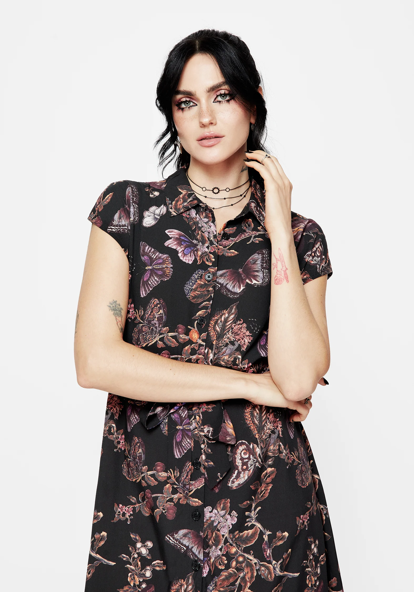 Eloise Floral Butterfly Print Button Up Midi Dress - Image 5