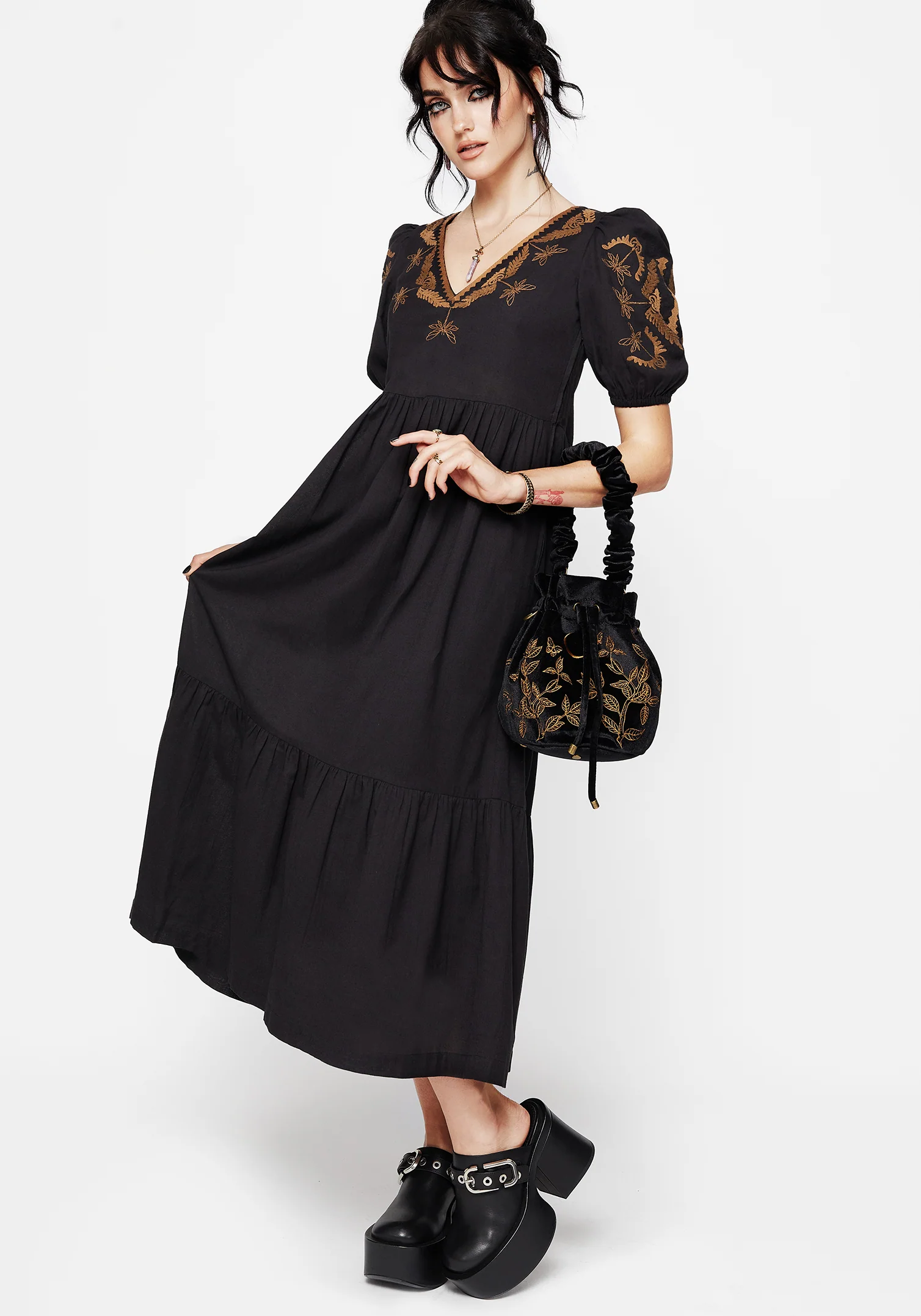 Emberflit Cotton Blend Moth Embroidered Smock Maxi Dress