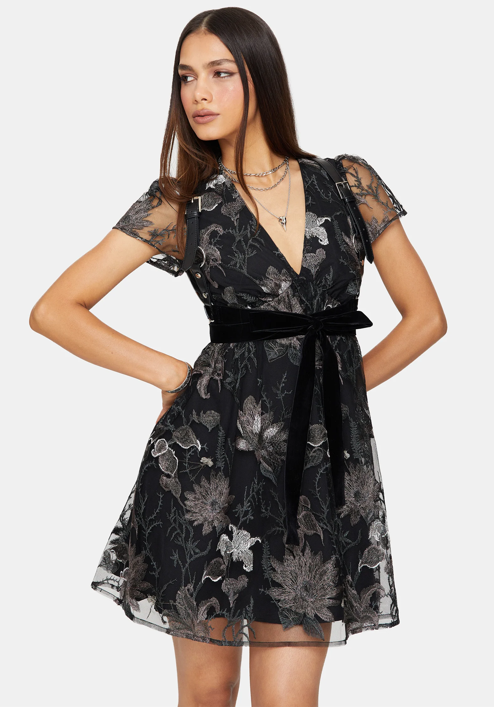 Estrid Embroidered Mesh Flute Sleeve Mini Dress - Silver - Image 4