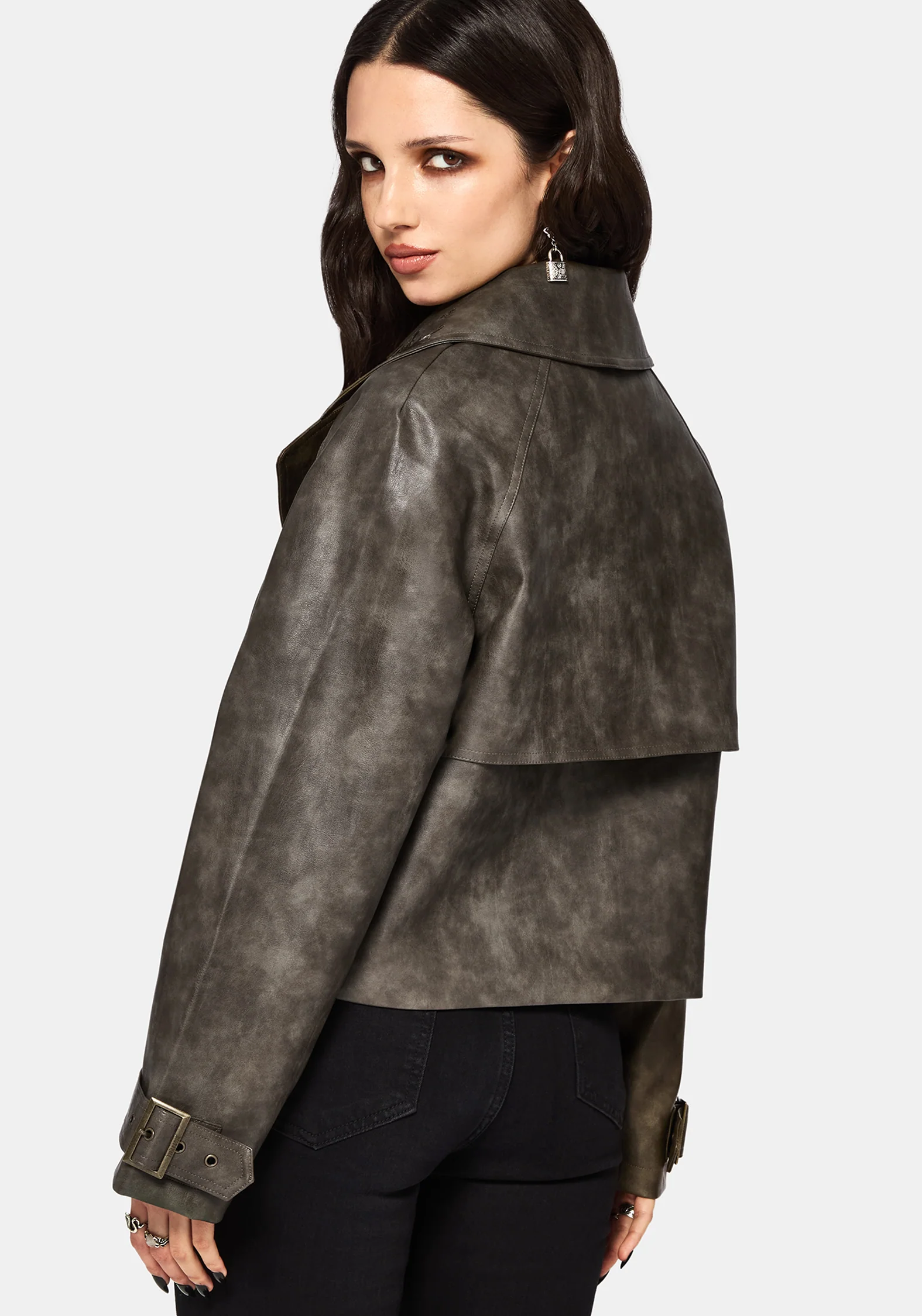 Fleux Embroidered Cropped Faux Leather Trench Jacket - Image 3