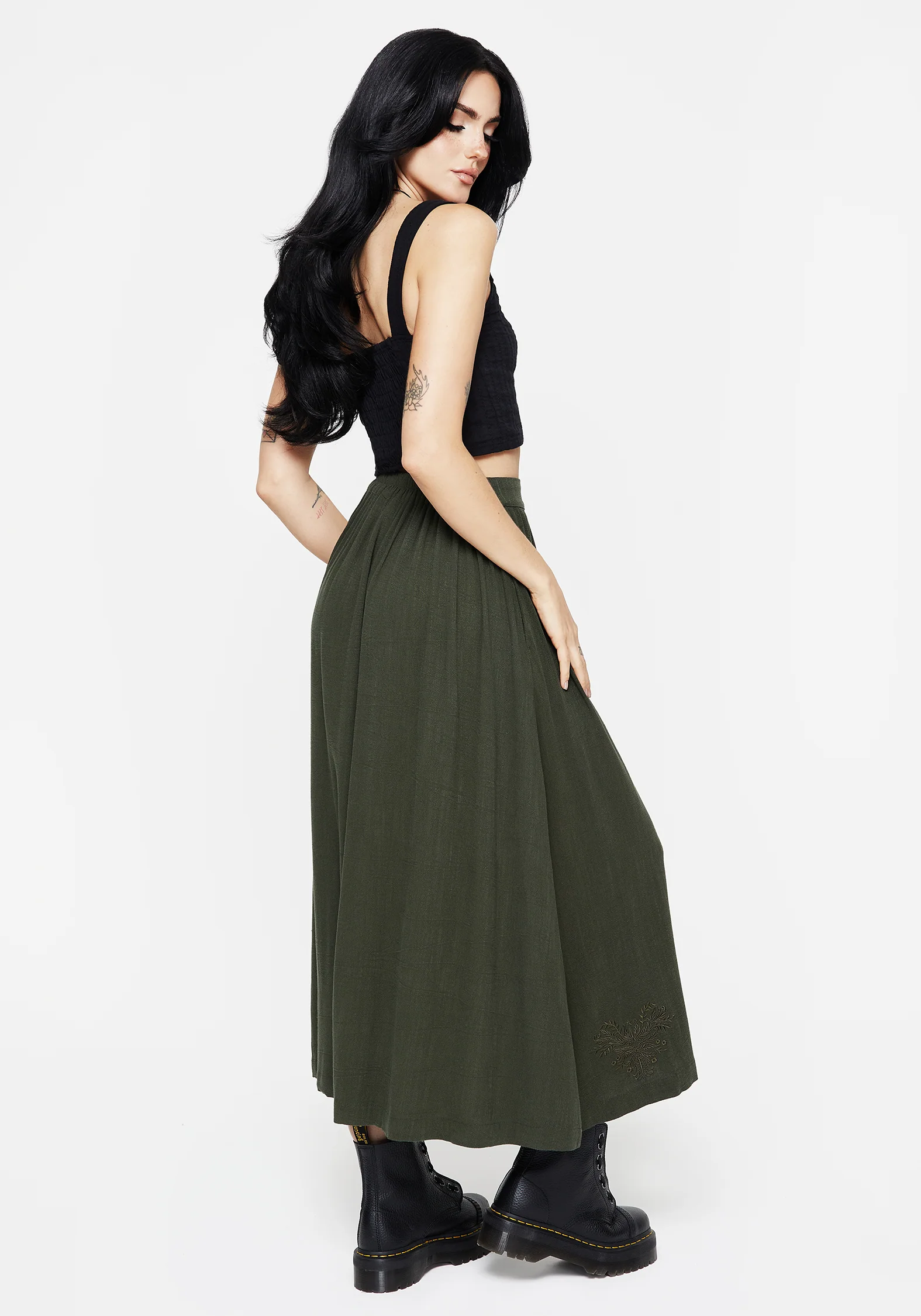 Foliate Linen-Blend Embroidered Button Up Midaxi Skirt - Green - Image 3