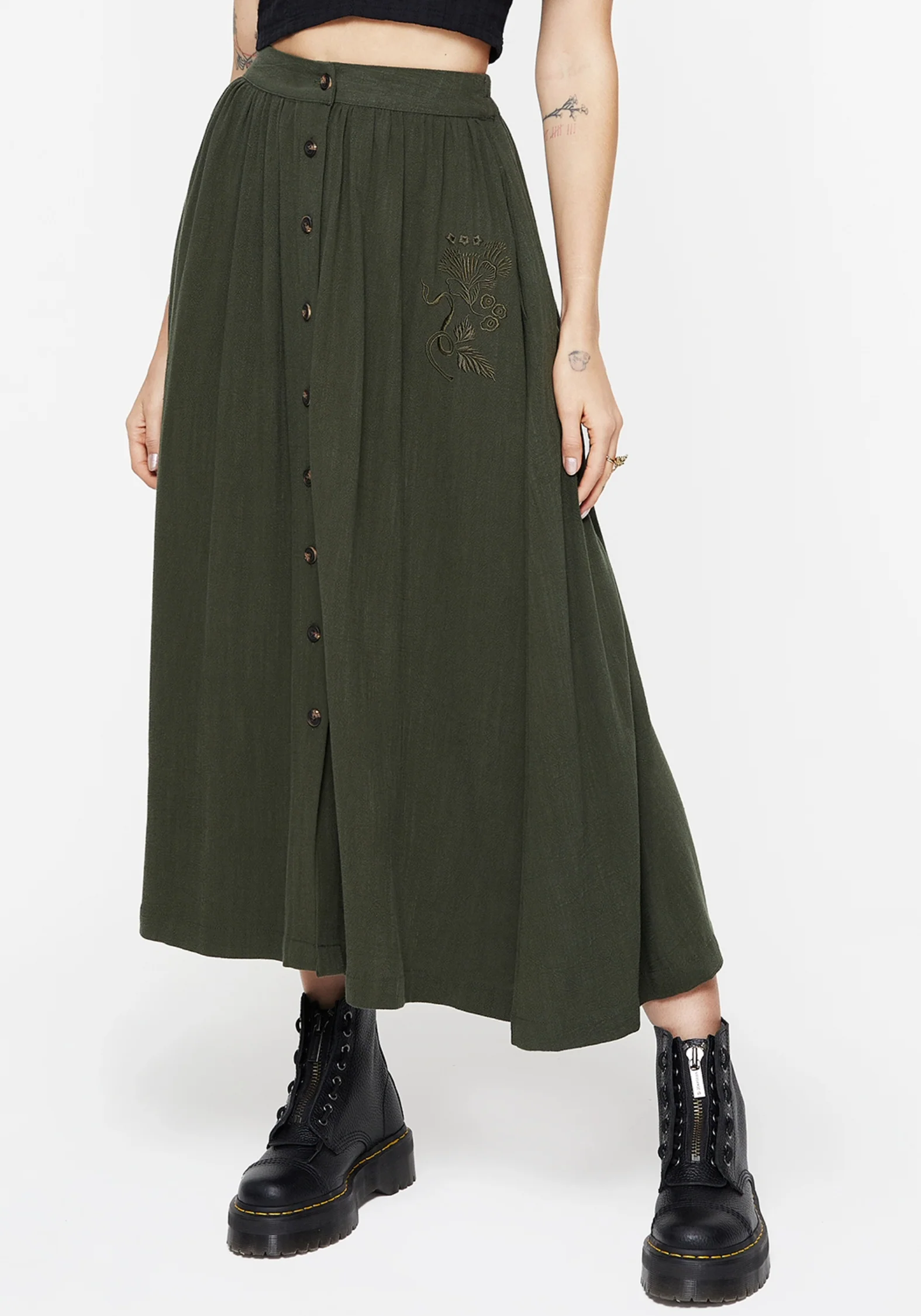 Foliate Linen-Blend Embroidered Button Up Midaxi Skirt - Green - Image 4