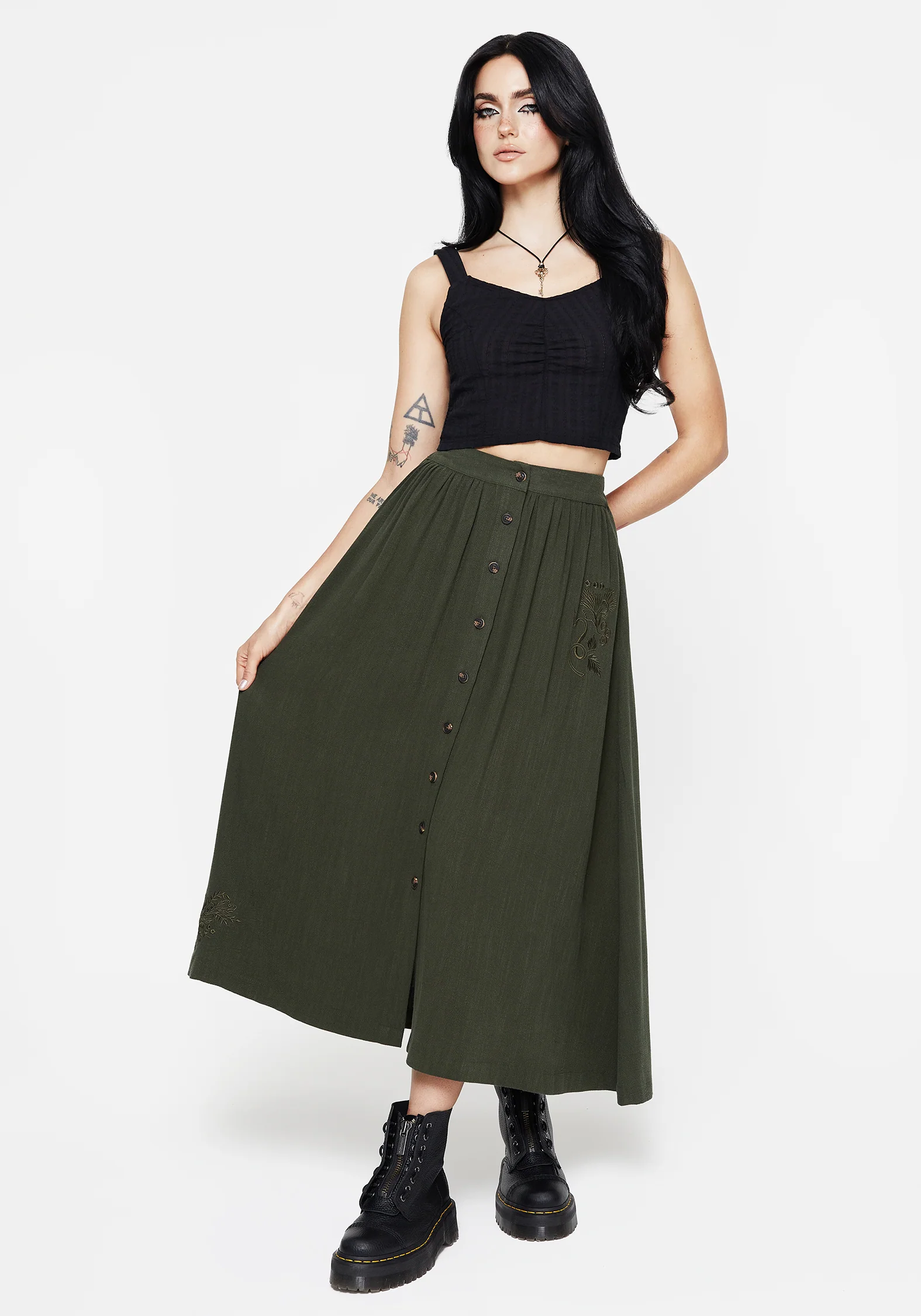 Foliate Linen-Blend Embroidered Button Up Midaxi Skirt - Green - Image 5