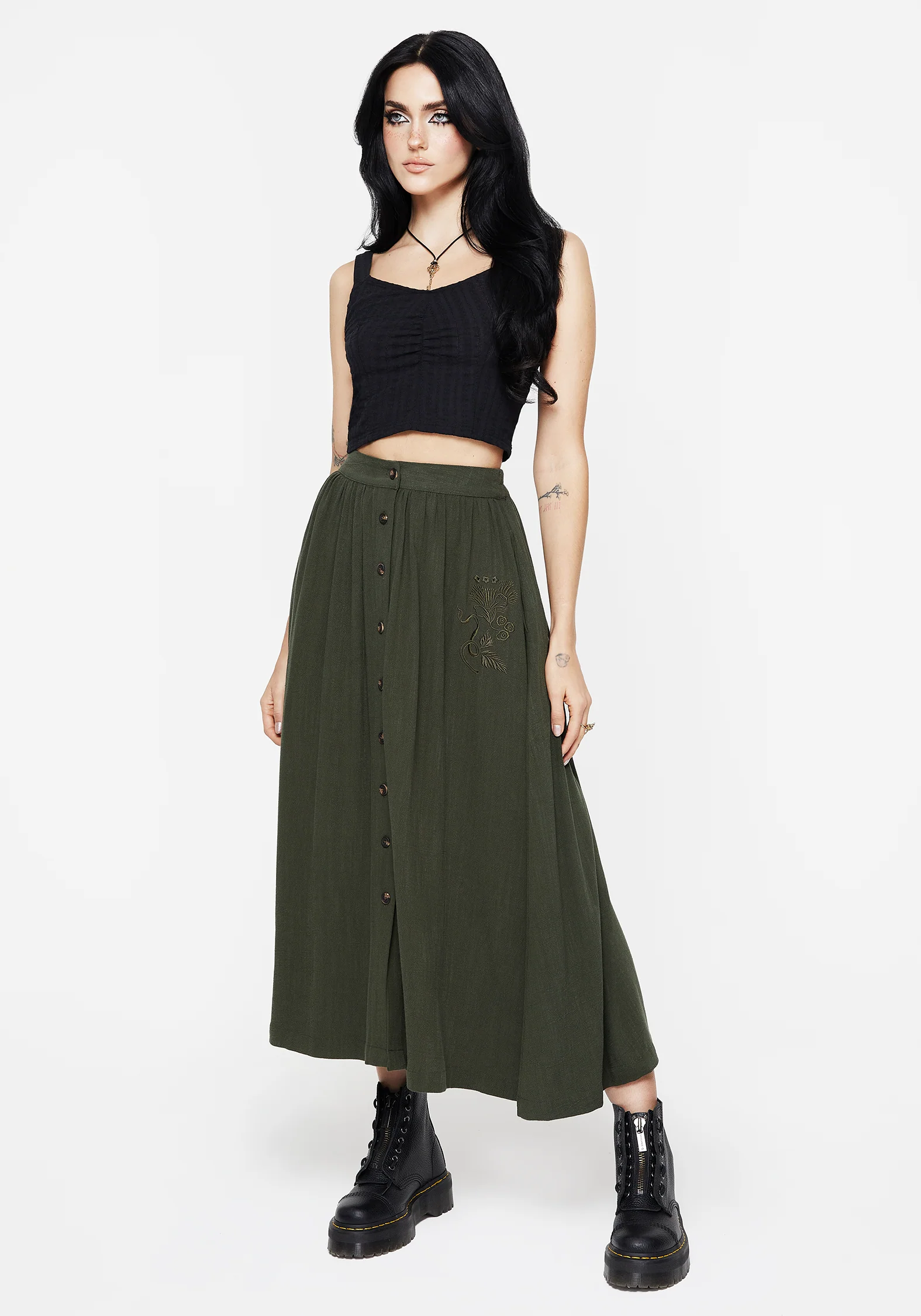 Foliate Linen-Blend Embroidered Button Up Midaxi Skirt - Green - Image 7