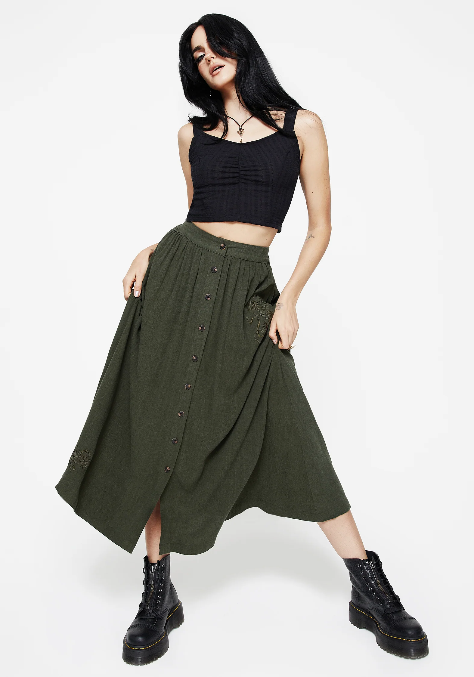 Foliate Linen-Blend Embroidered Button Up Midaxi Skirt - Green - Image 8