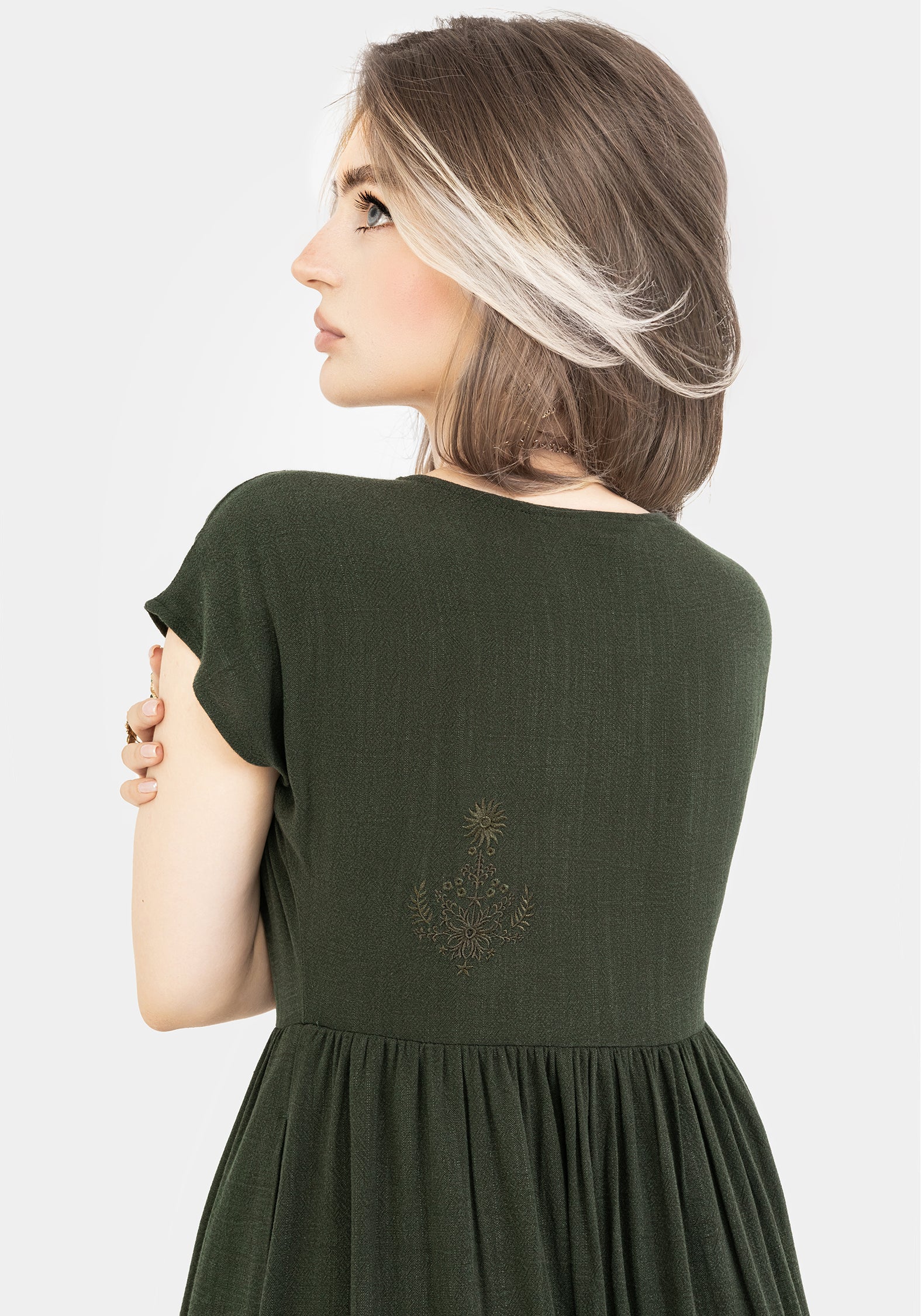 Foliate Linen-Blend Embroidered Button Up Midi Dress - Green - Image 4