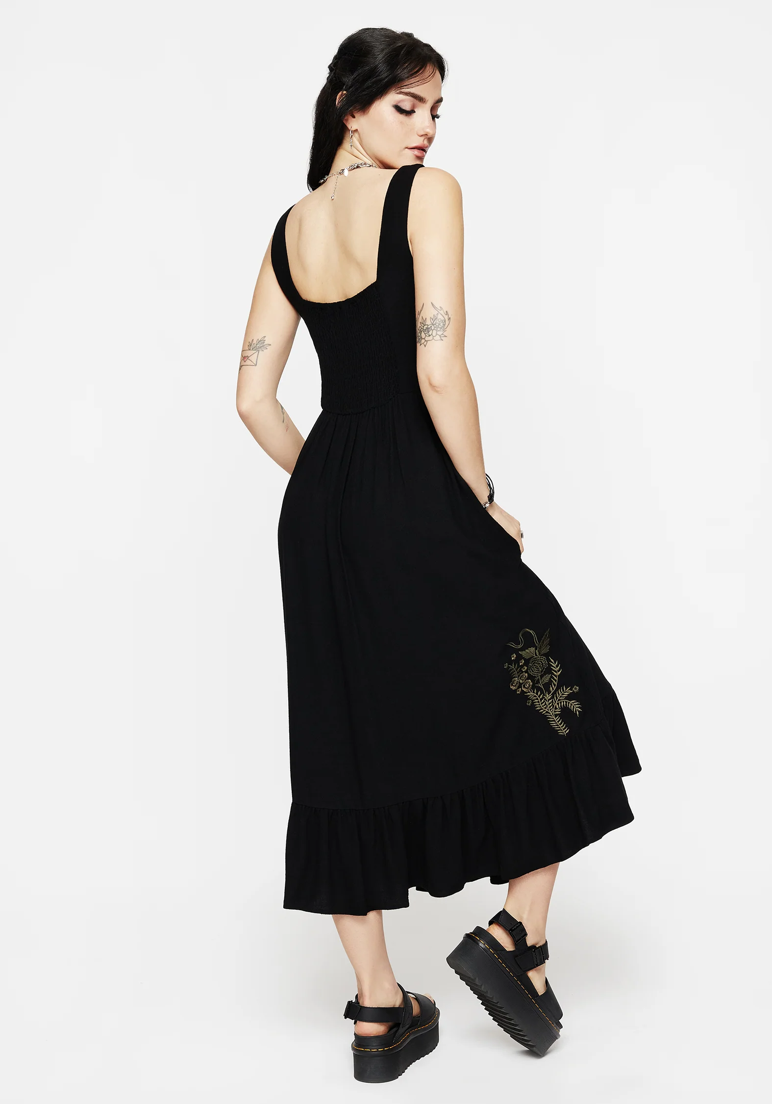 Foliate Linen-Blend Embroidered Sleeveless Midi Dress - Black - Image 3