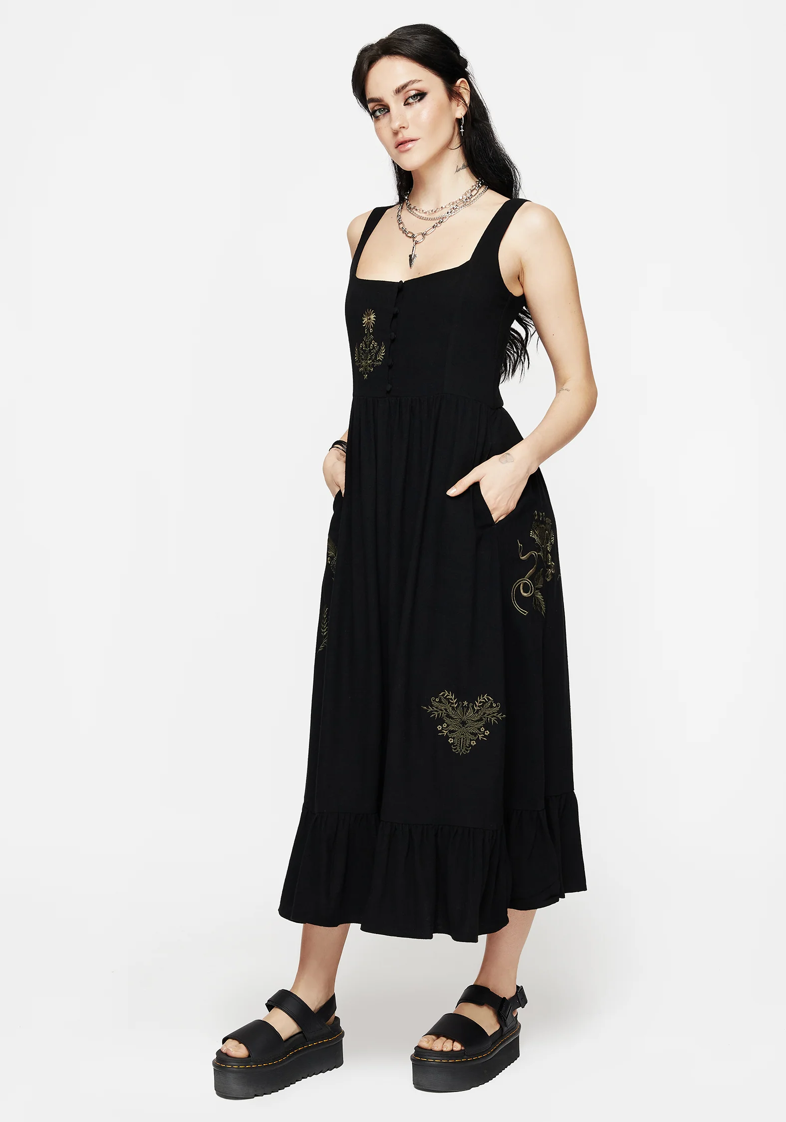 Foliate Linen-Blend Embroidered Sleeveless Midi Dress - Black - Image 5