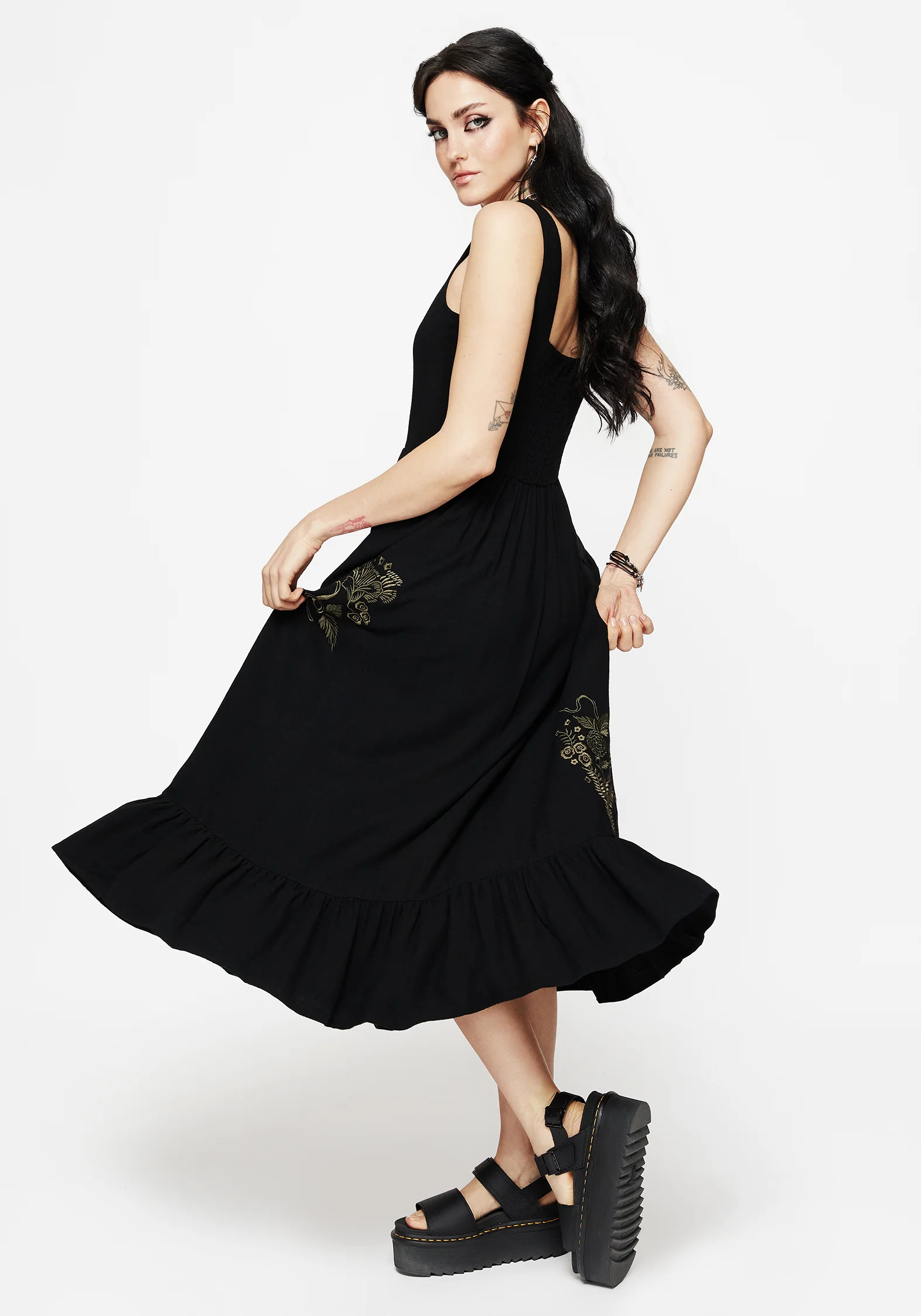 Foliate Linen-Blend Embroidered Sleeveless Midi Dress - Black - Image 6