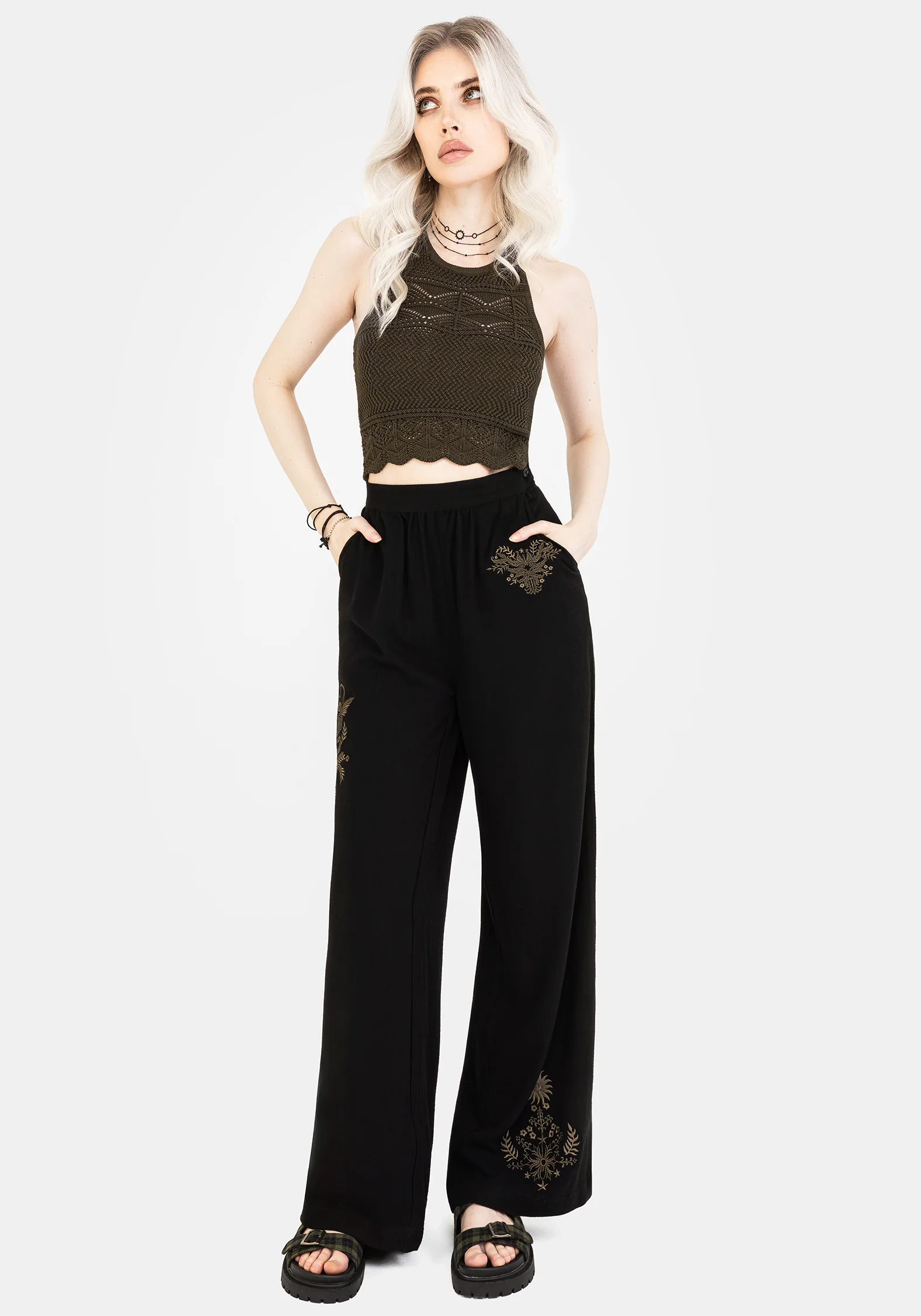 Foliate Linen-Blend Embroidered Wide Leg Trousers - Black - Image 4
