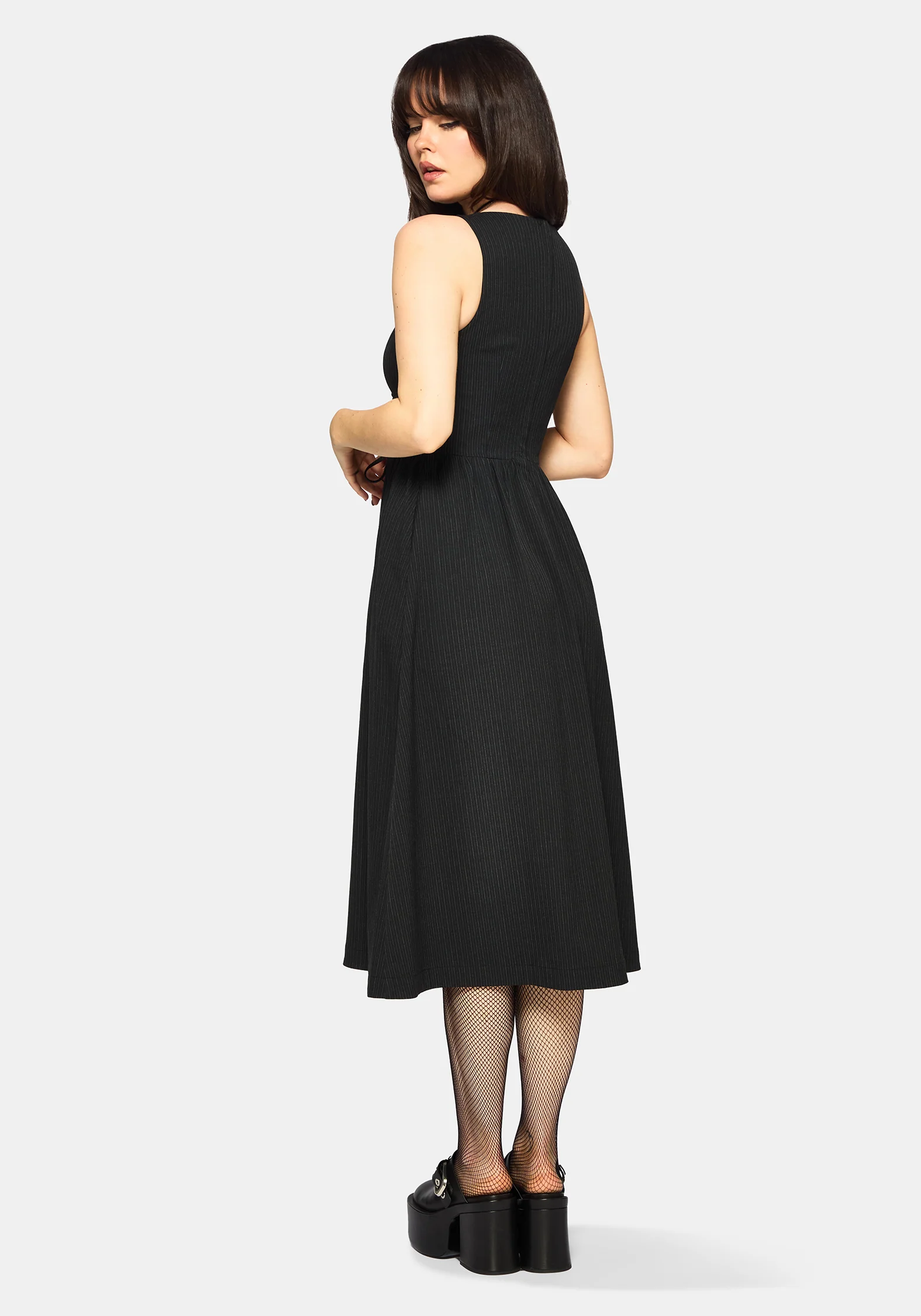 Gloom Lace Up Front Corset Detail Pinstripe Midi Dress - Image 3