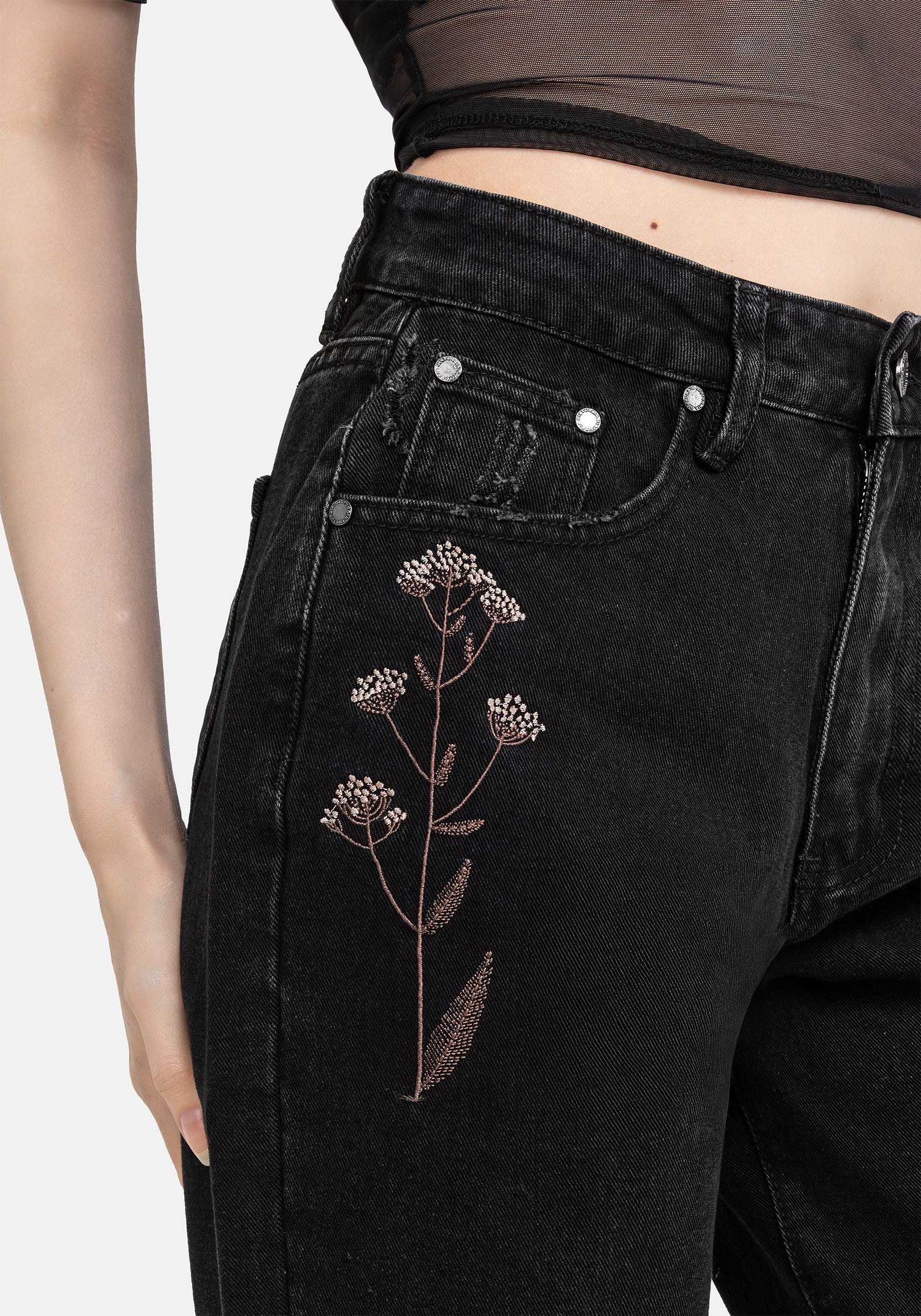 Griffinfly Embroidered Distressed Denim Mom Jeans - Image 2