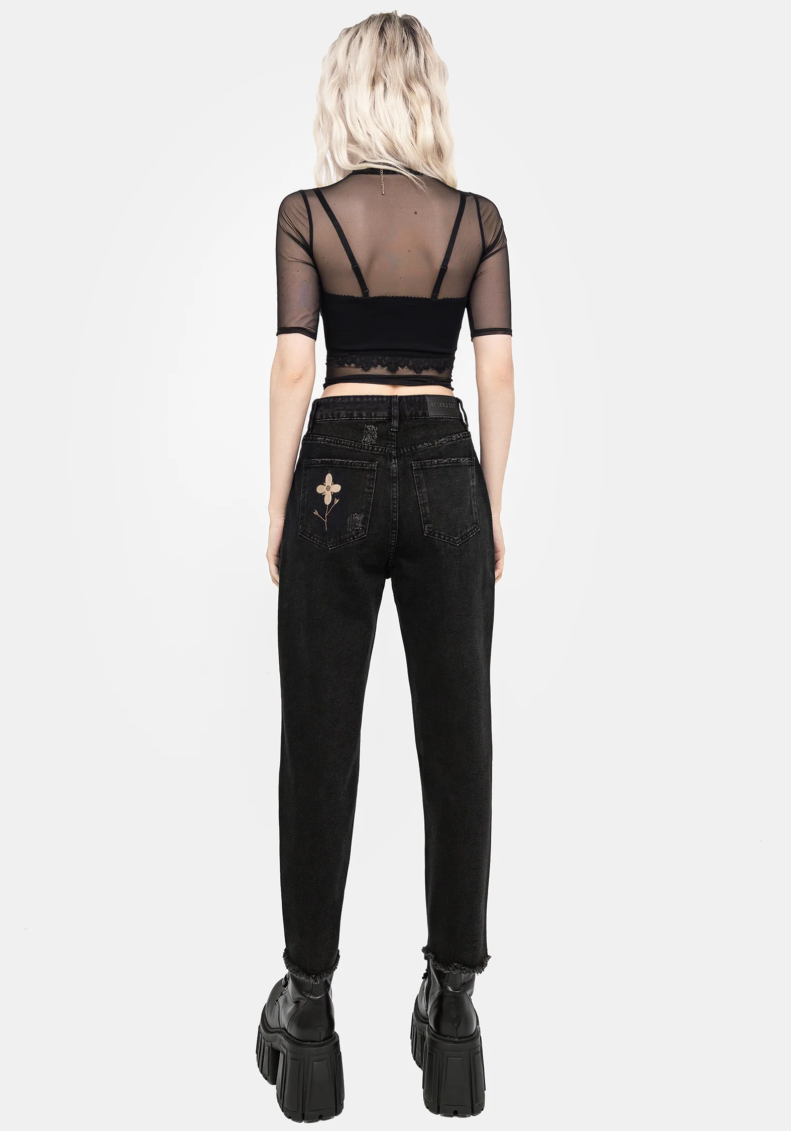 Griffinfly Embroidered Distressed Denim Mom Jeans - Image 3