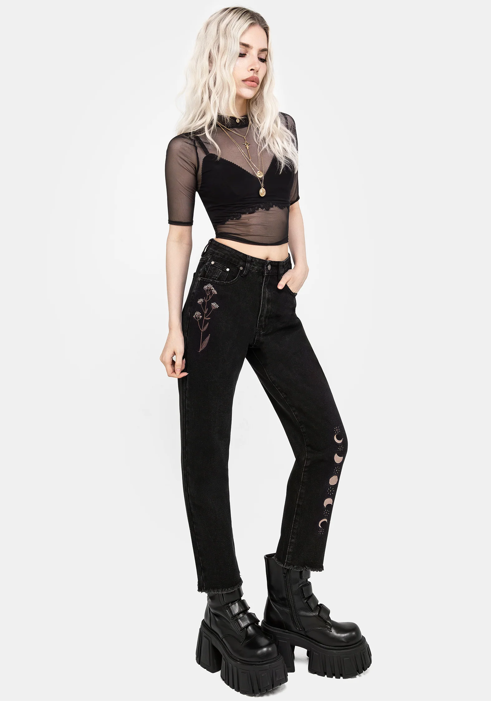 Griffinfly Embroidered Distressed Denim Mom Jeans - Image 4